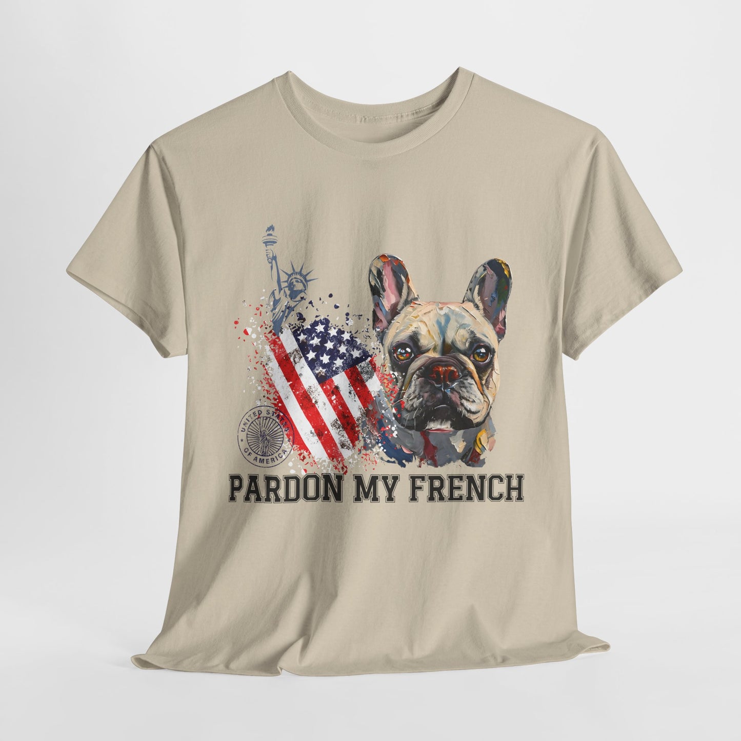 Beige t-shirt with a graphic of a dog, American flag, and text 'Pardon My French' on a white background.