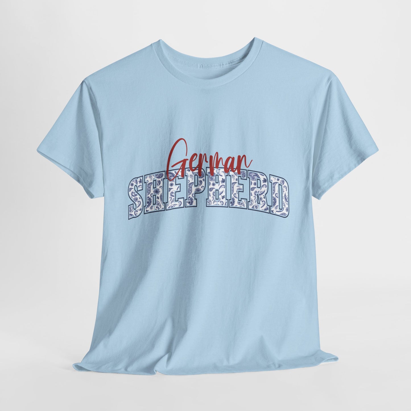 German Shepherd Tshirt with varsity and script lettering in light blue
