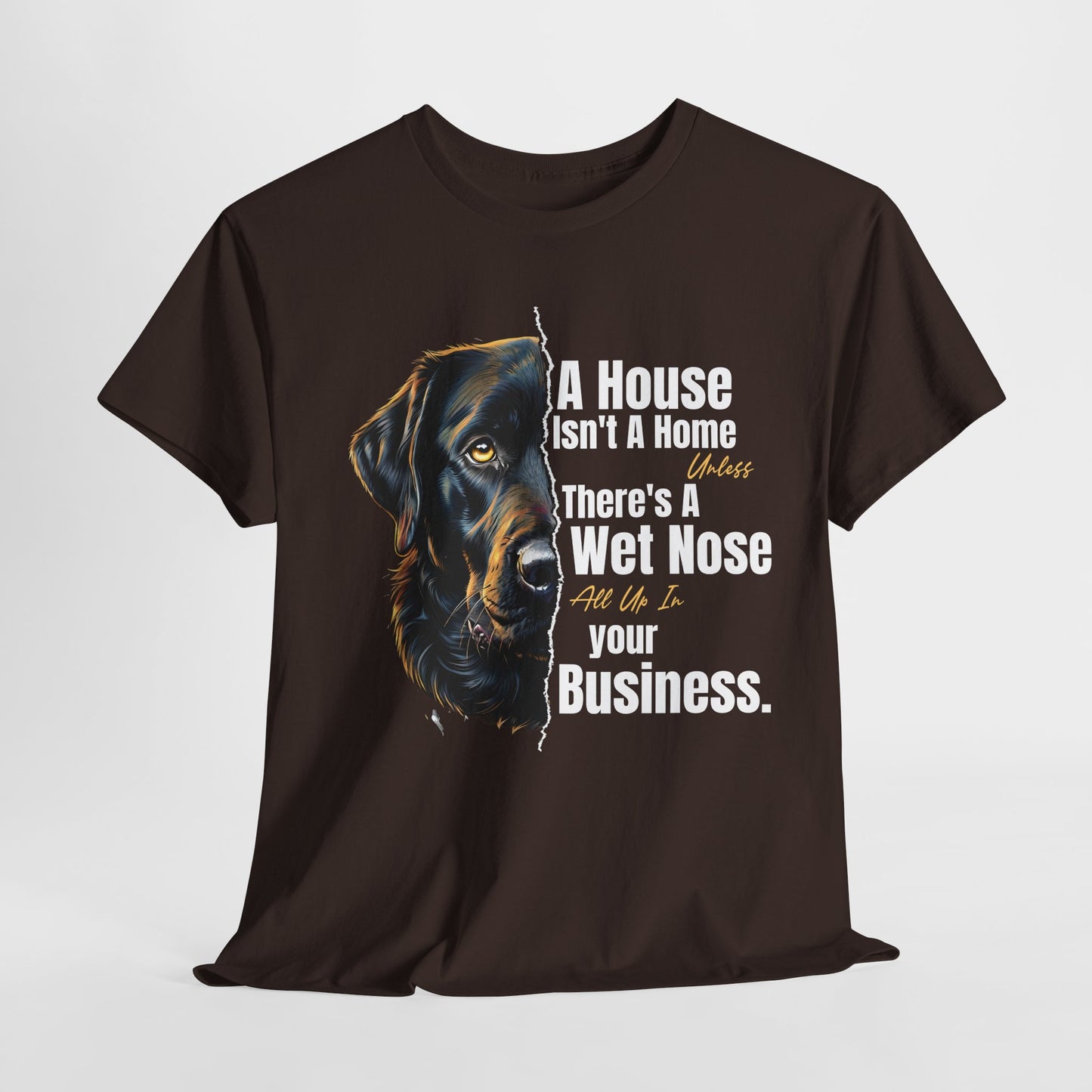 Brown t-shirt with a dog graphic and humorous text on a white background