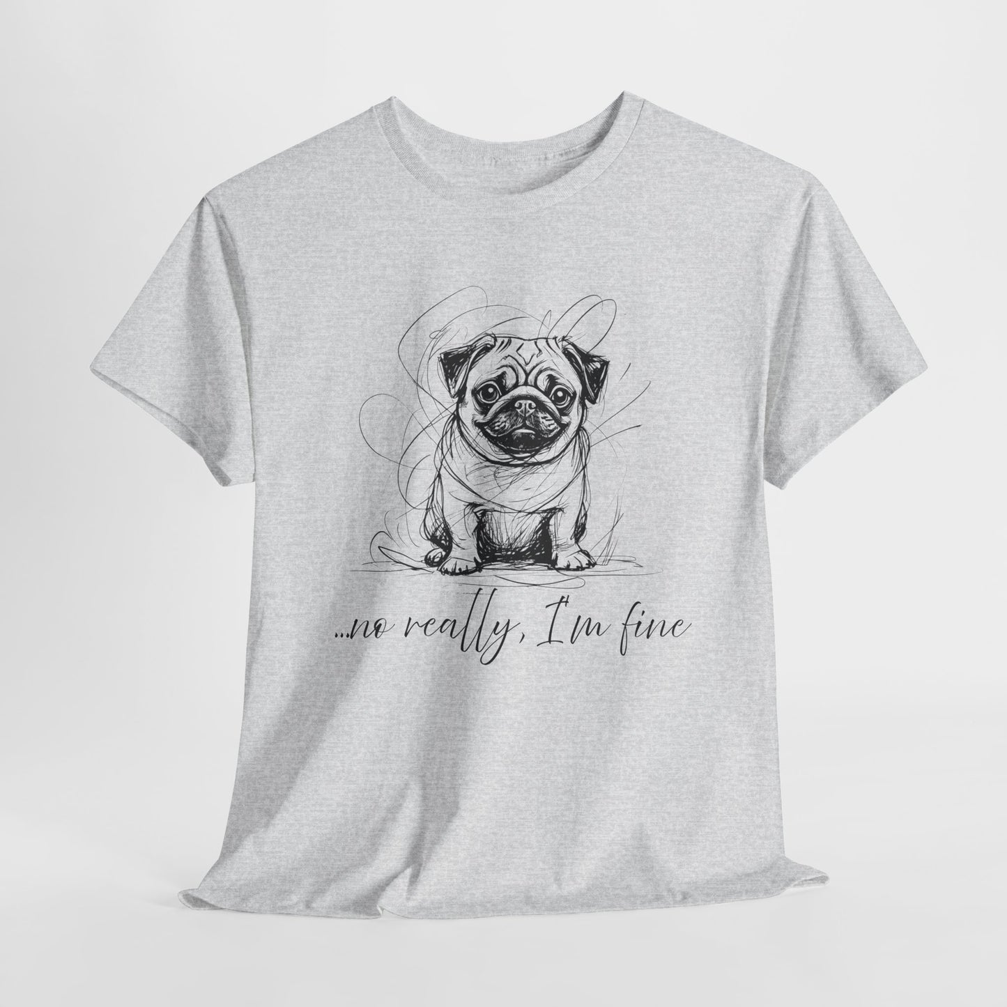Gray t-shirt with a pug graphic and text on a white background