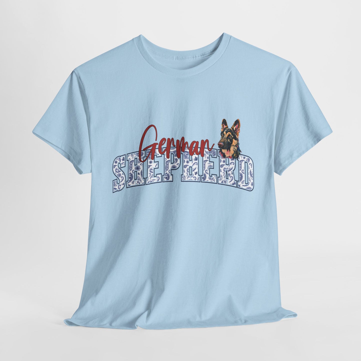 Light blue t-shirt with 'German Shepherd' text and dog graphic on a light gray background
