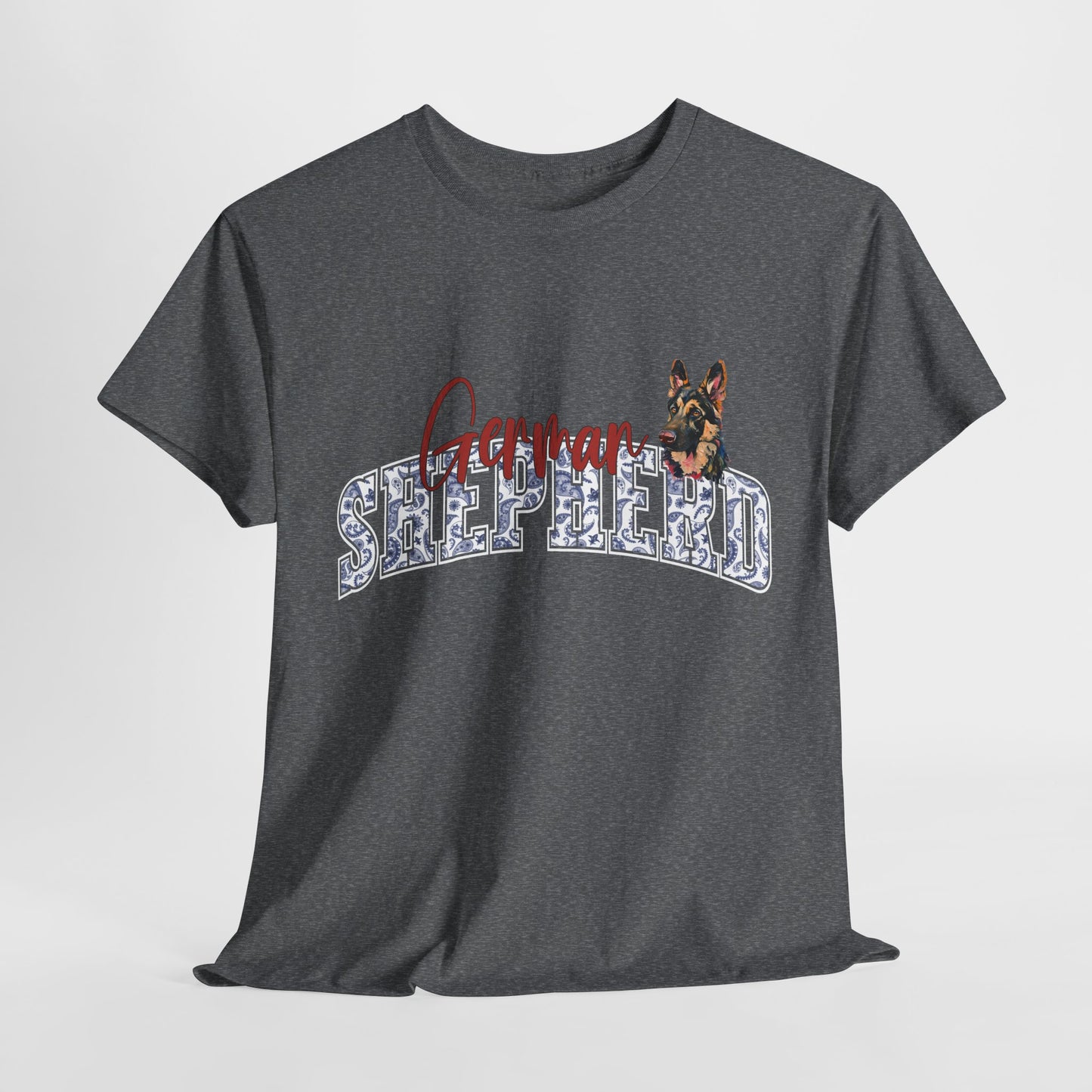 Dark gray t-shirt with a dog graphic and text on a light gray background