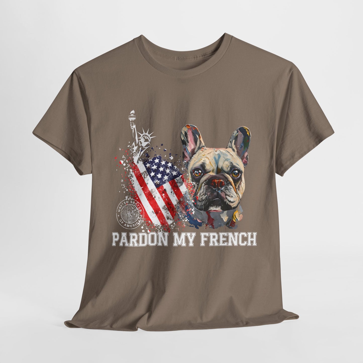 Brown t-shirt with a graphic of a dog, American flag, and 'Pardon My French' text on a white background