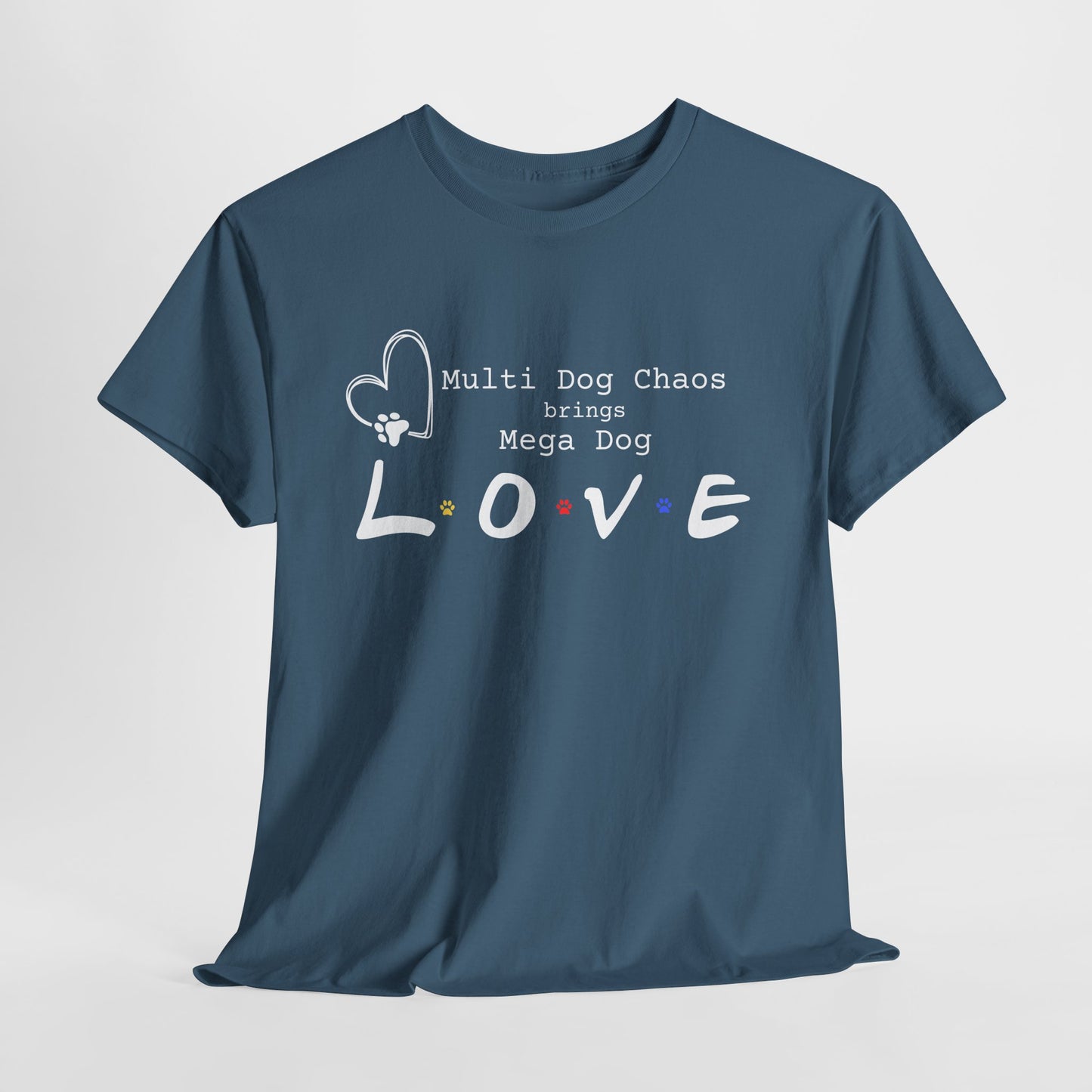Blue t-shirt with text and graphics on a light gray background