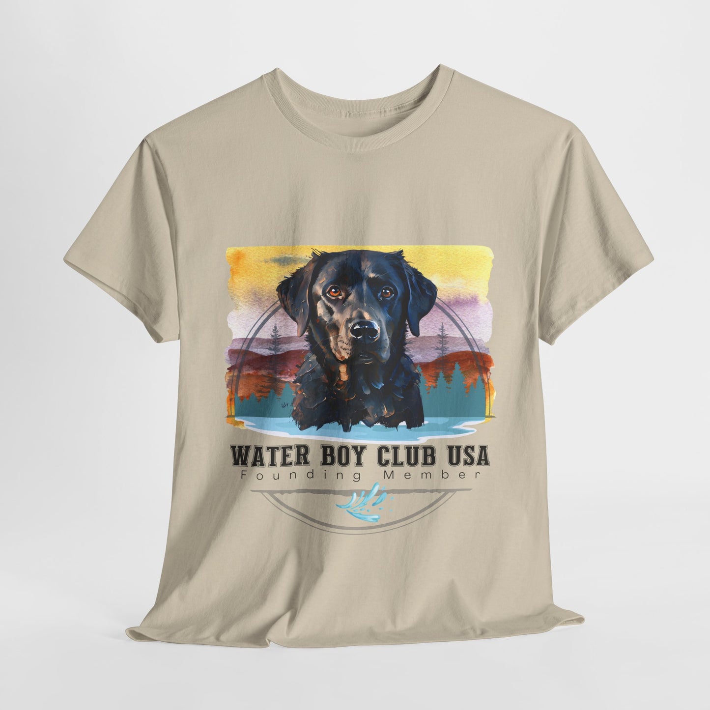 Beige t-shirt with a dog graphic and 'Water Boy Club USA' text on a white background