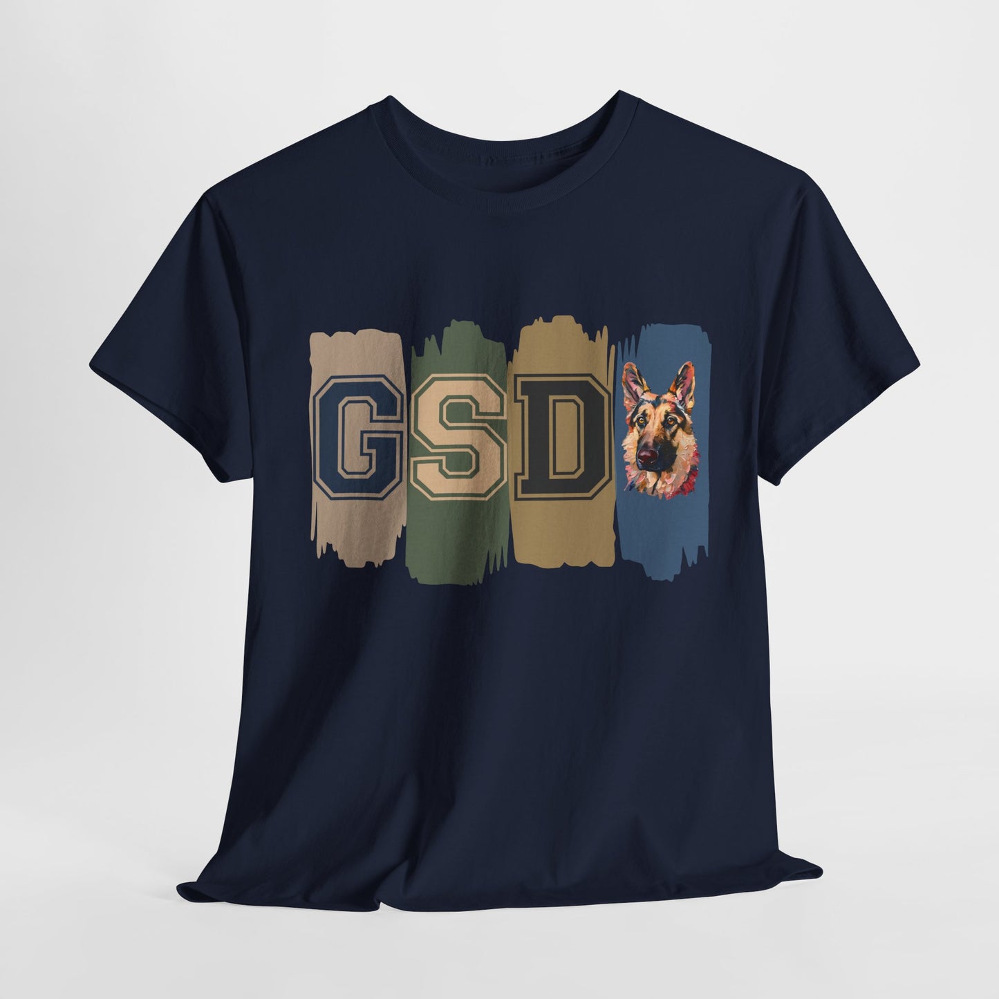 Navy blue t-shirt with 'GSD' and dog illustration on a light gray background