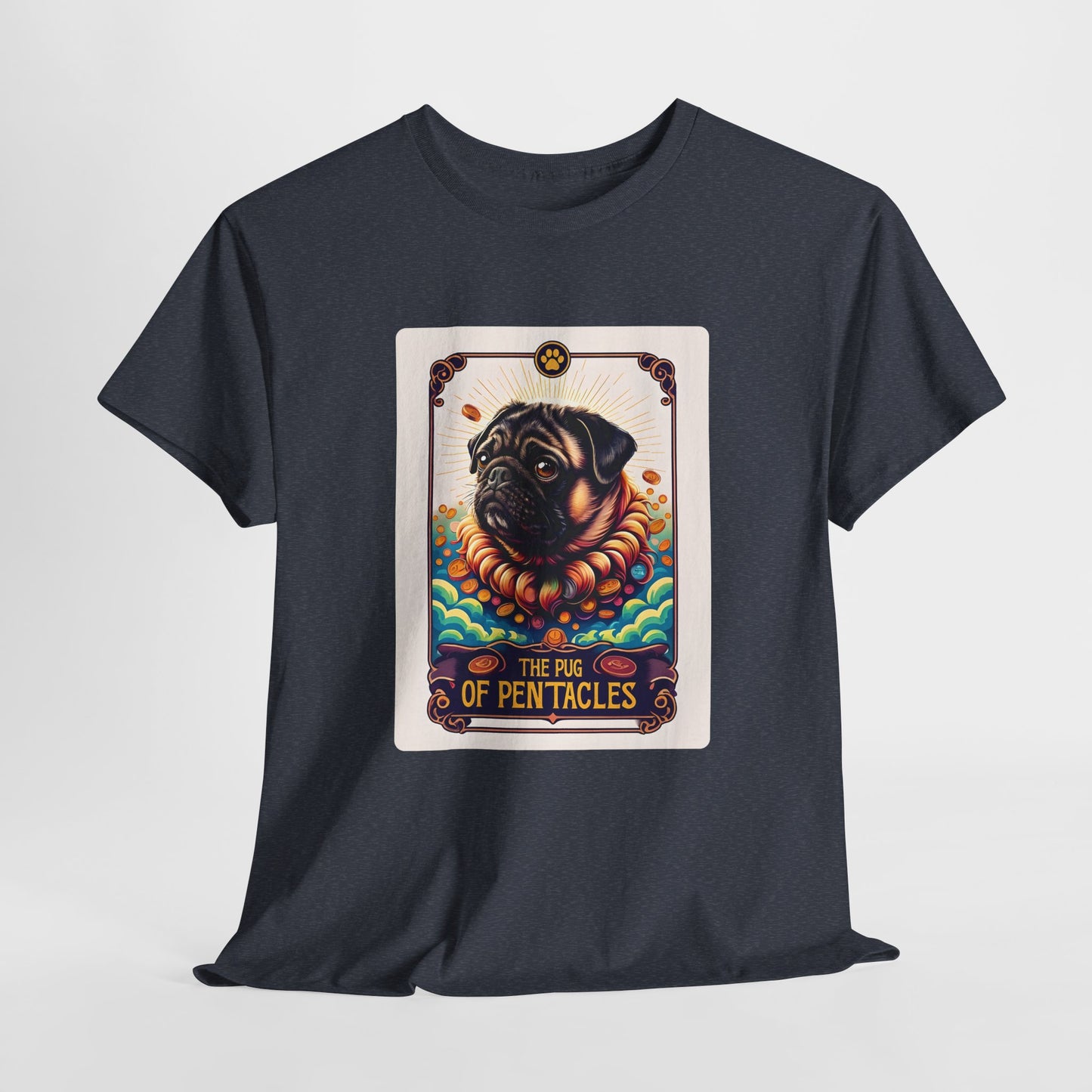 Black t-shirt with a graphic of a pug on a tarot card design, featuring the text 'The Pug of Pentacles', on a light gray background.
