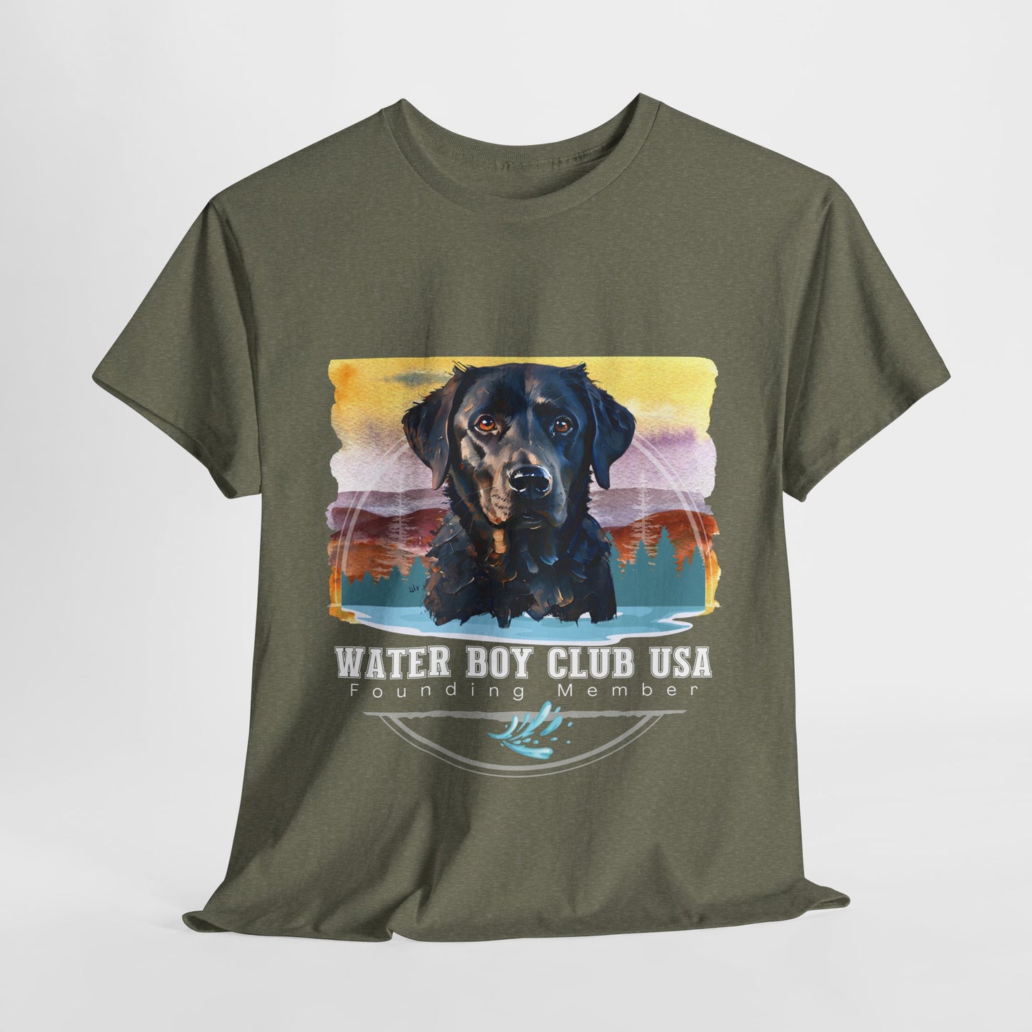 Green t-shirt with a dog graphic and 'Water Boy Club USA' text on a white background