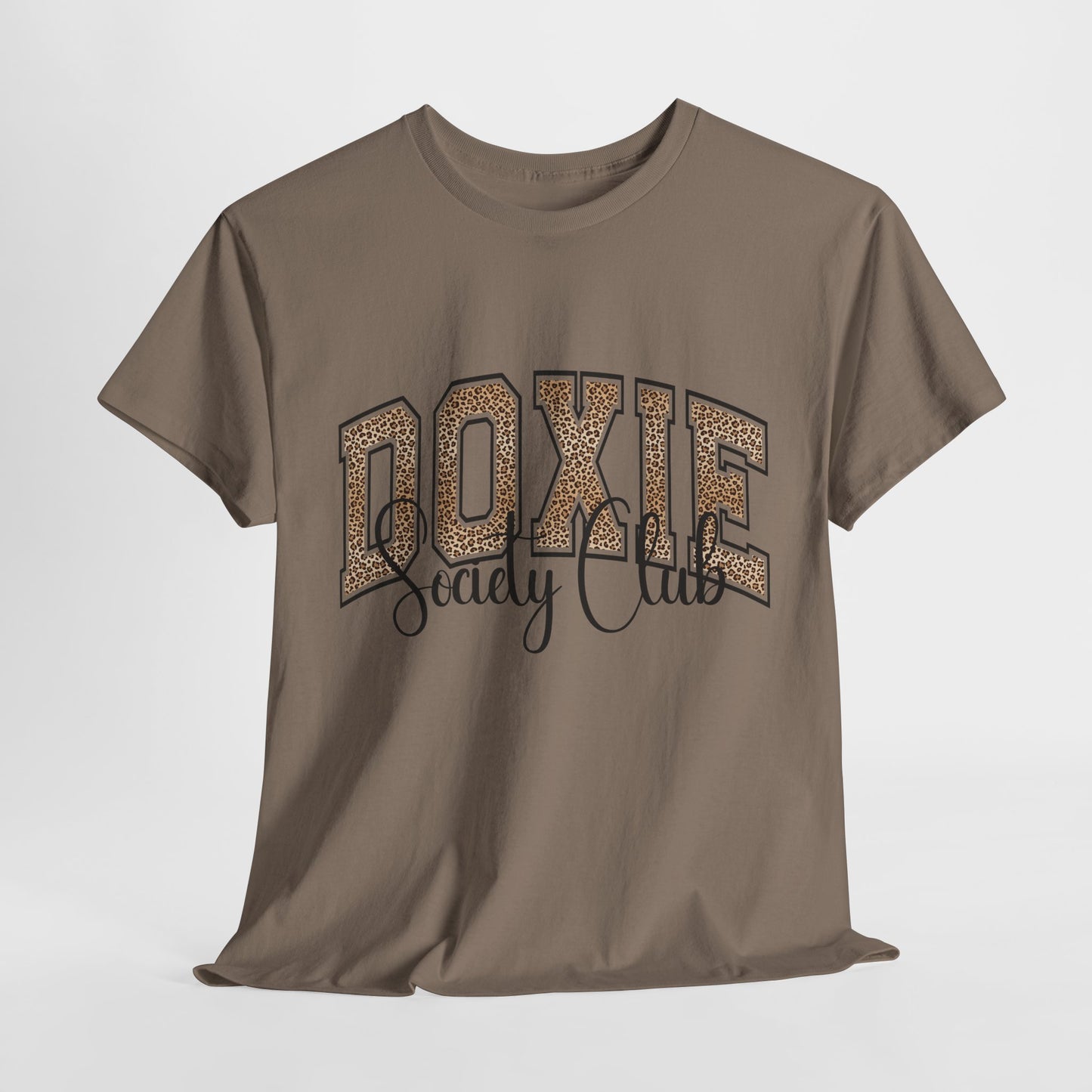 Brown t-shirt with 'Doxie Society Club' text on a white background