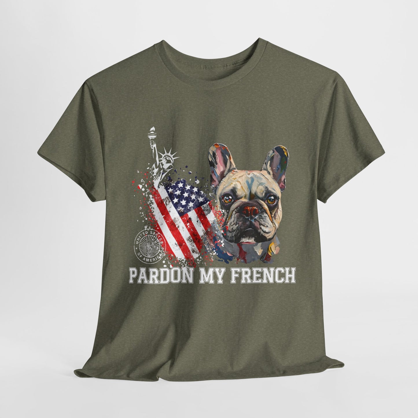 Green t-shirt with a graphic of a dog, American flag, and 'Pardon My French' text on a white background
