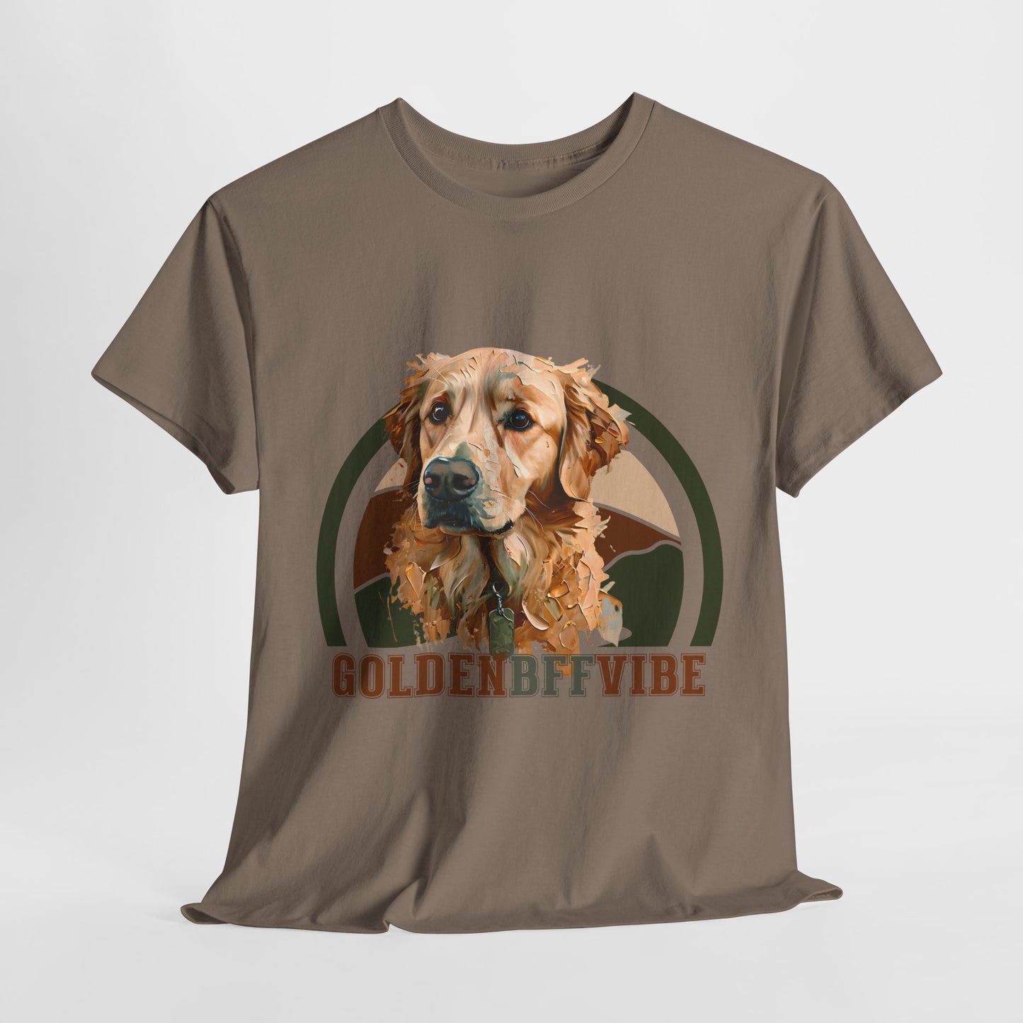 Brown t-shirt with a dog graphic and 'GOLDEN BFF VIBE' text on a white background