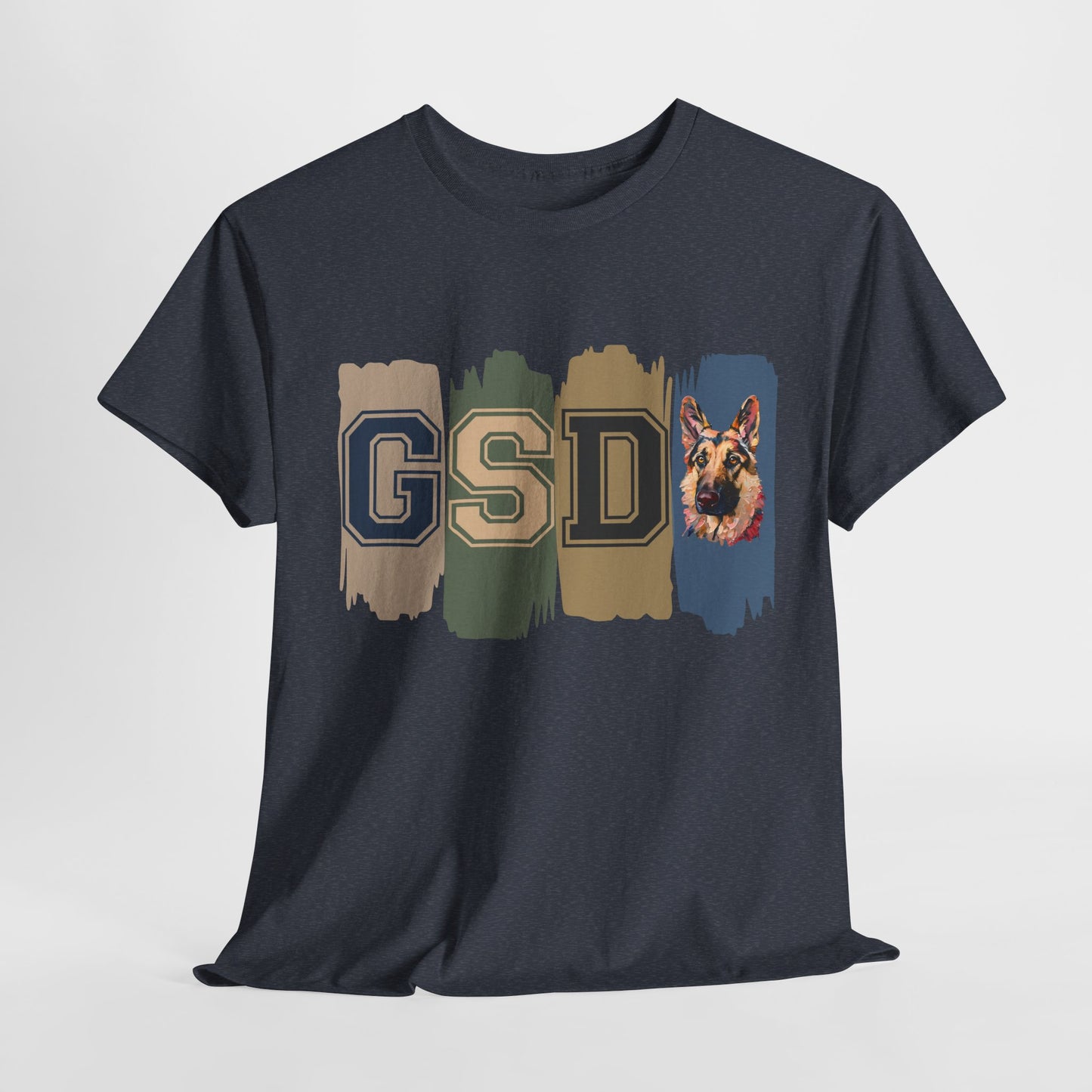 Black t-shirt with 'GSD' and dog graphic on a light gray background