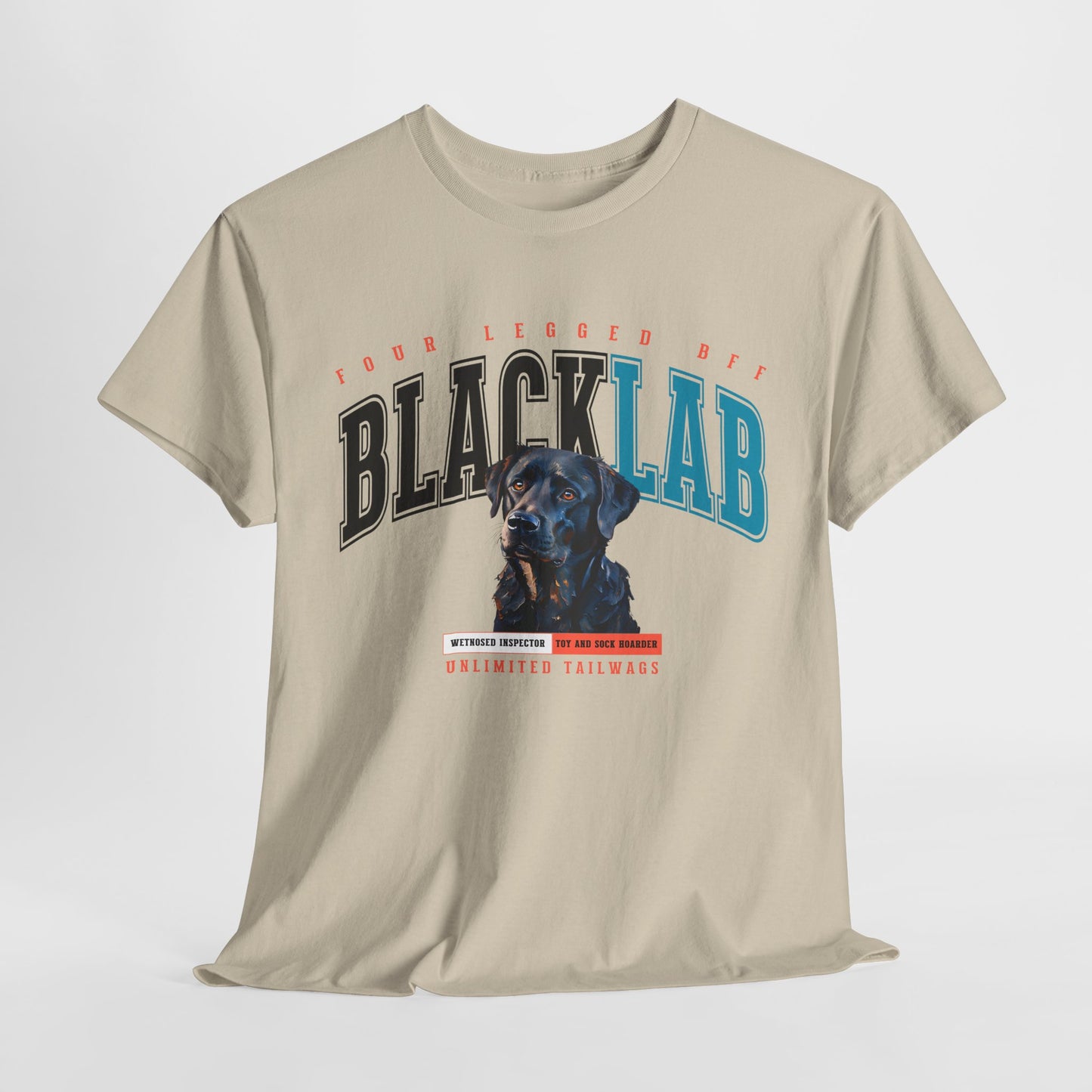 Beige t-shirt with black lab graphic and text on a white background