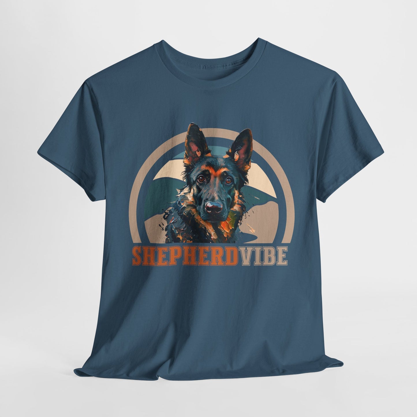 Blue t-shirt with a graphic of a German Shepherd and 'Shepherd Vibe' text on a white background