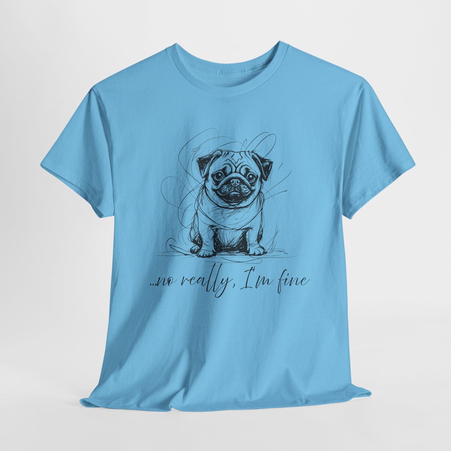 Light blue t-shirt with a pug graphic and text on a white background