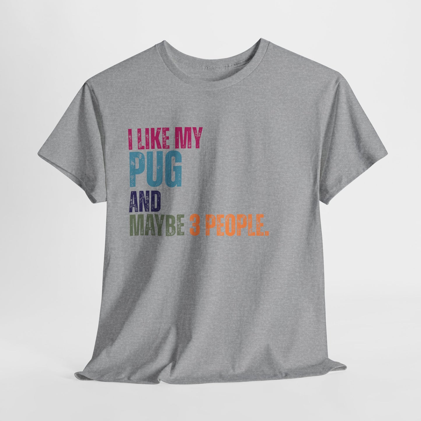 Gray t-shirt with colorful text 'I LIKE MY PUG AND MAYBE 3 PEOPLE.' on a light gray background