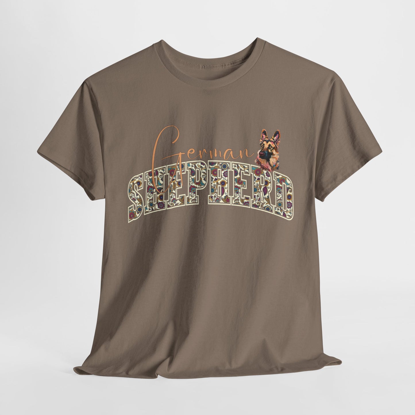 Brown t-shirt with 'German Shepherd' text and dog illustration on a white background