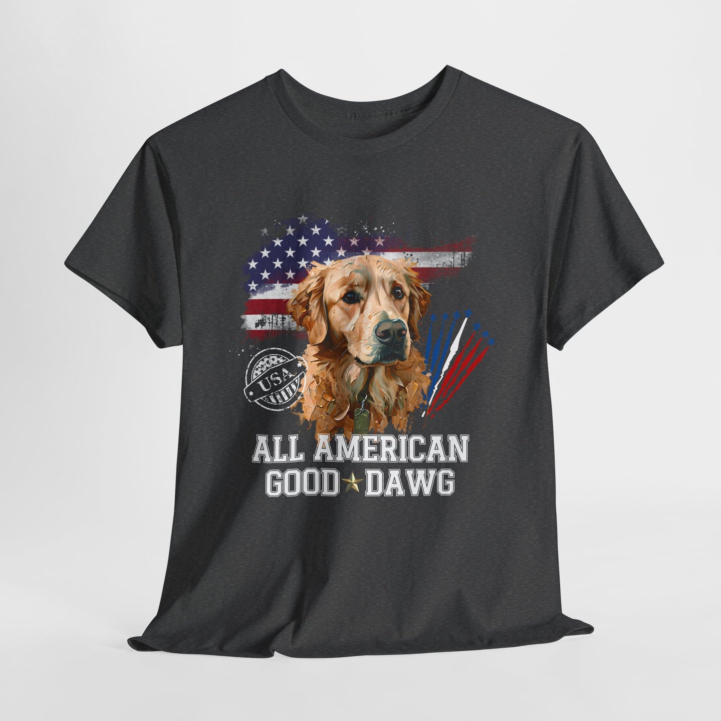 Black t-shirt with a dog graphic and 'All American Good Dawg' text on a white background