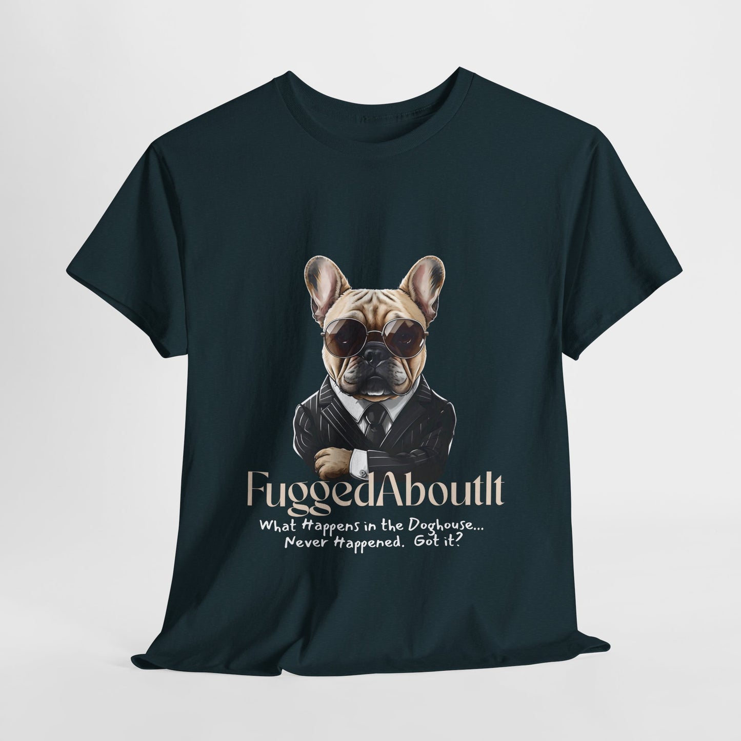 Black t-shirt with a dog graphic and text on a light gray background