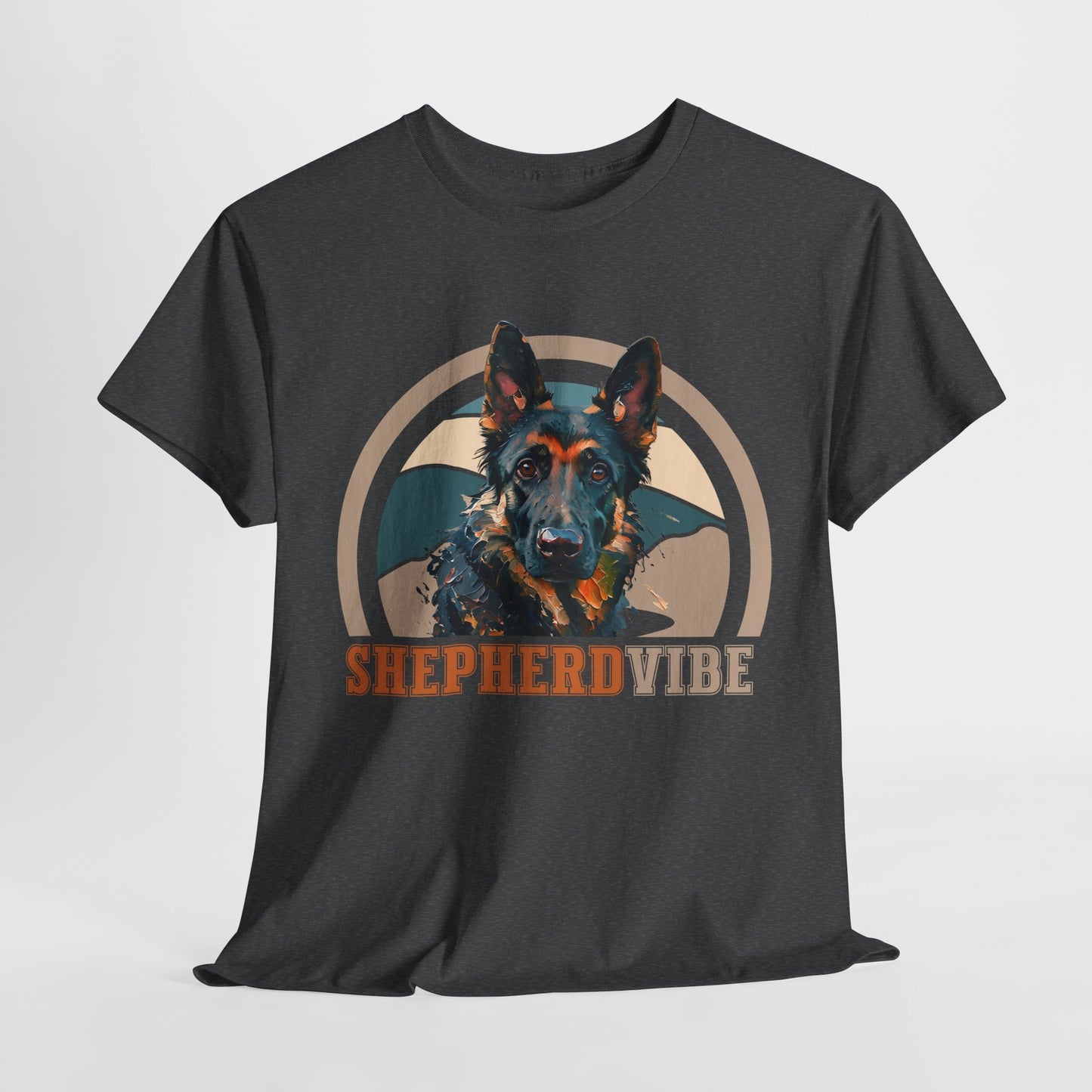 Black t-shirt with a graphic of a shepherd dog and 'SHEPHERDVIBE' text on a white background