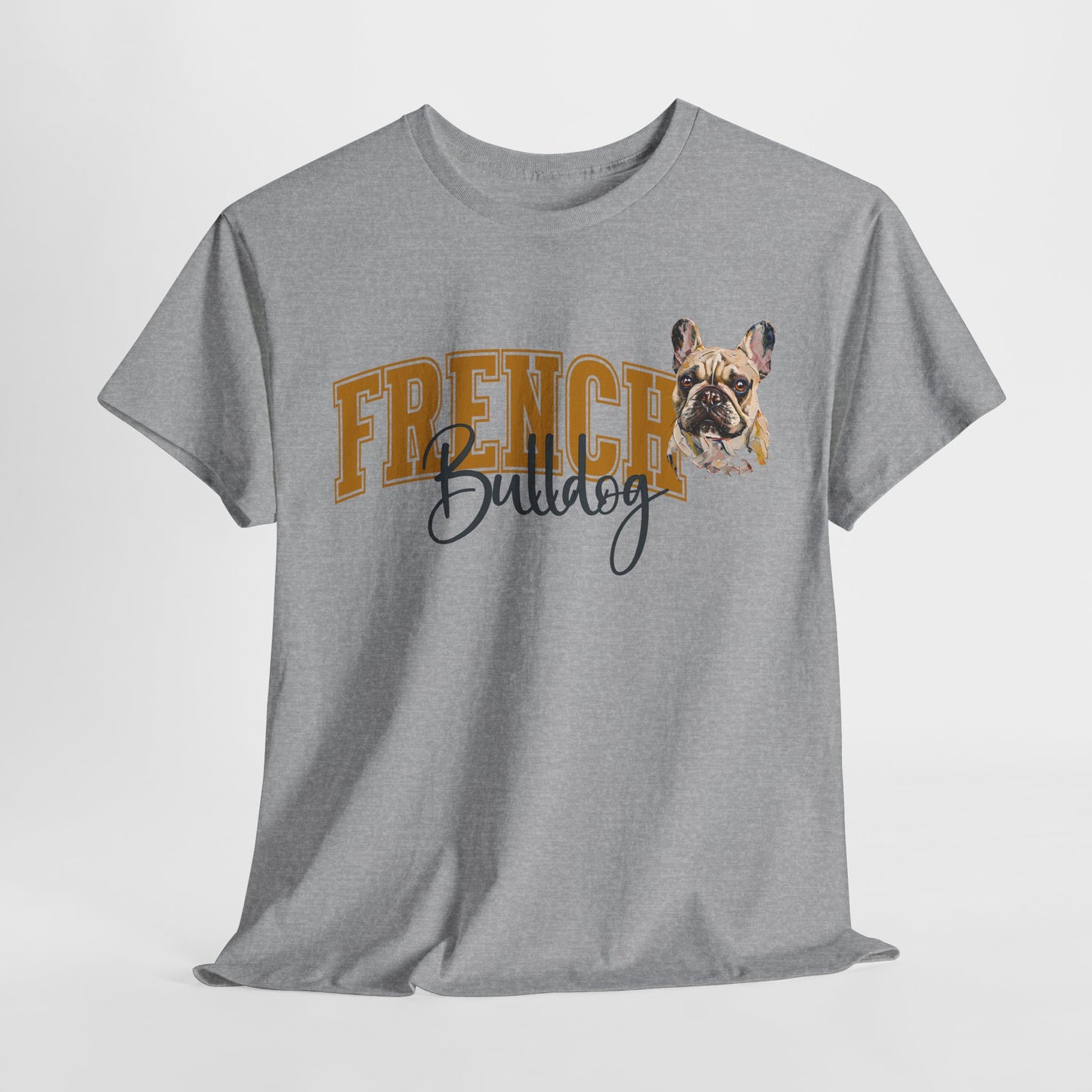 Gray t-shirt with 'French Bulldog' text and dog graphic on a white background