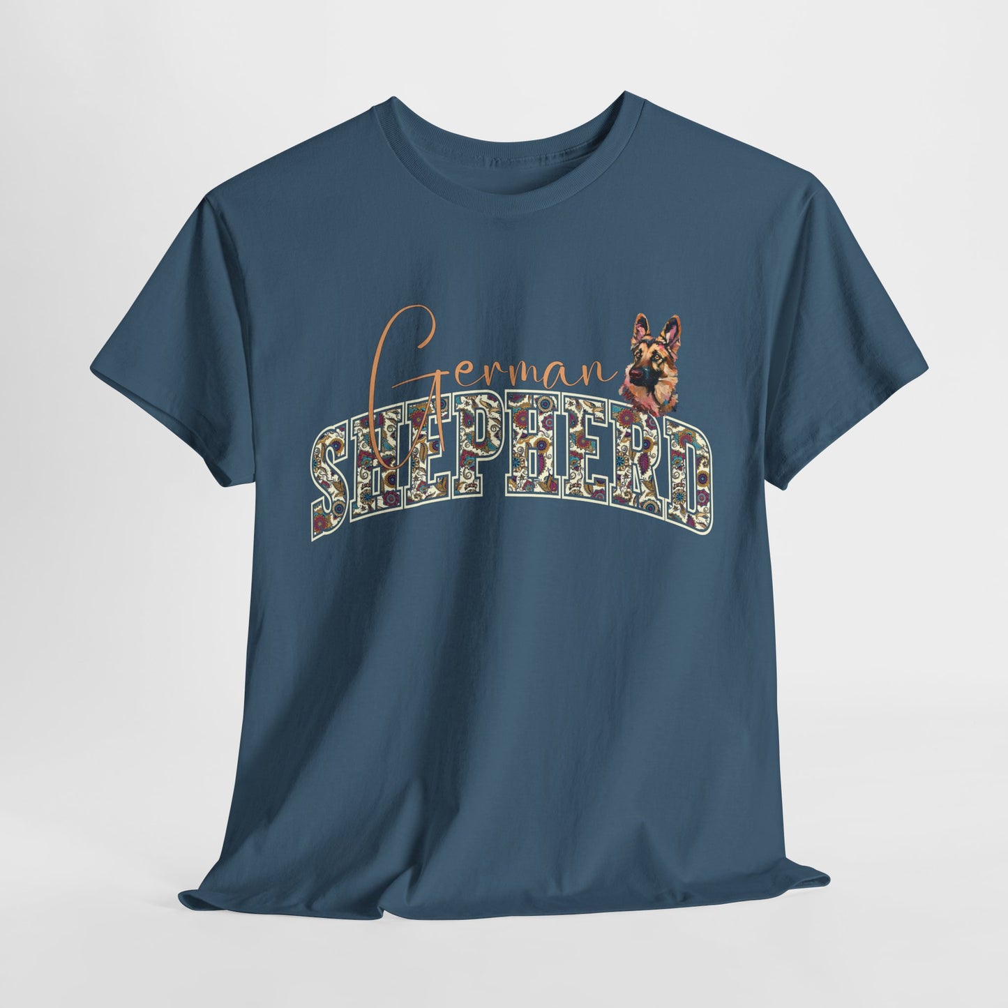 Blue t-shirt with 'German Shepherd' text and dog illustration on a white background