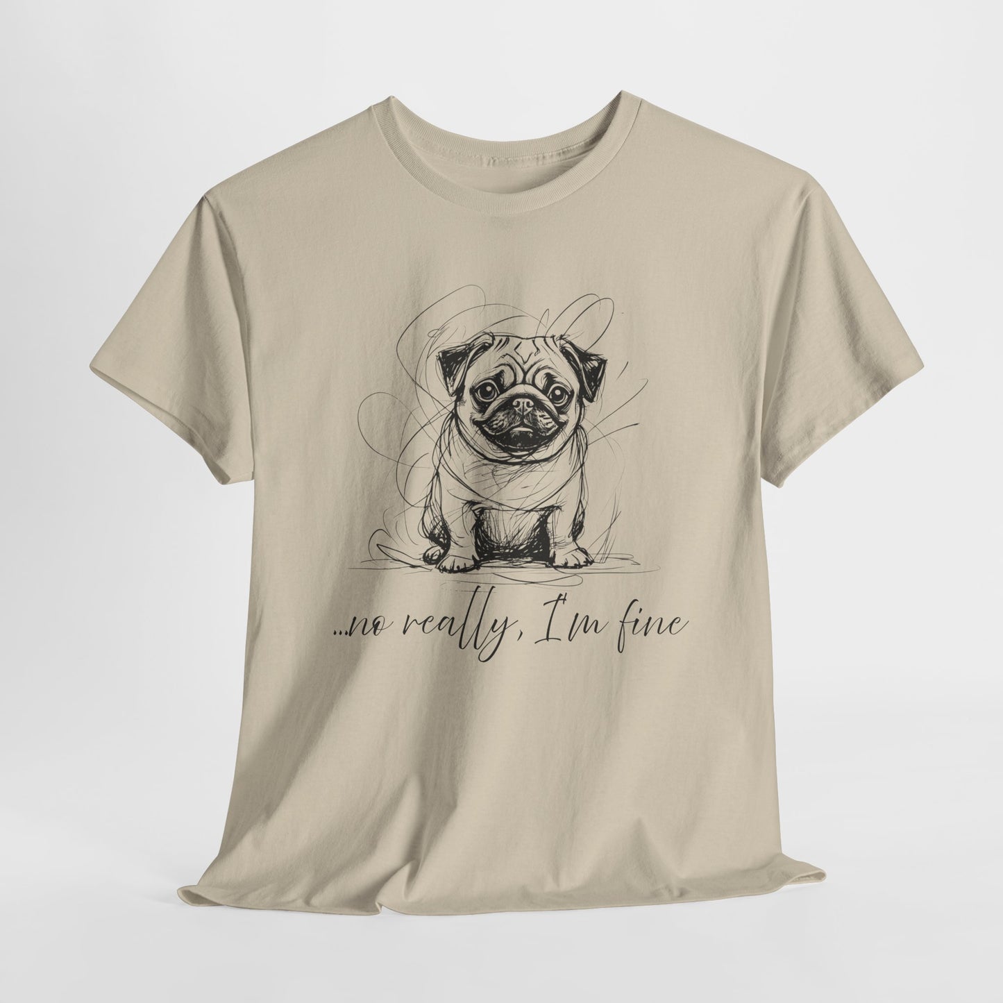 Beige t-shirt with a pug graphic and text on a white background