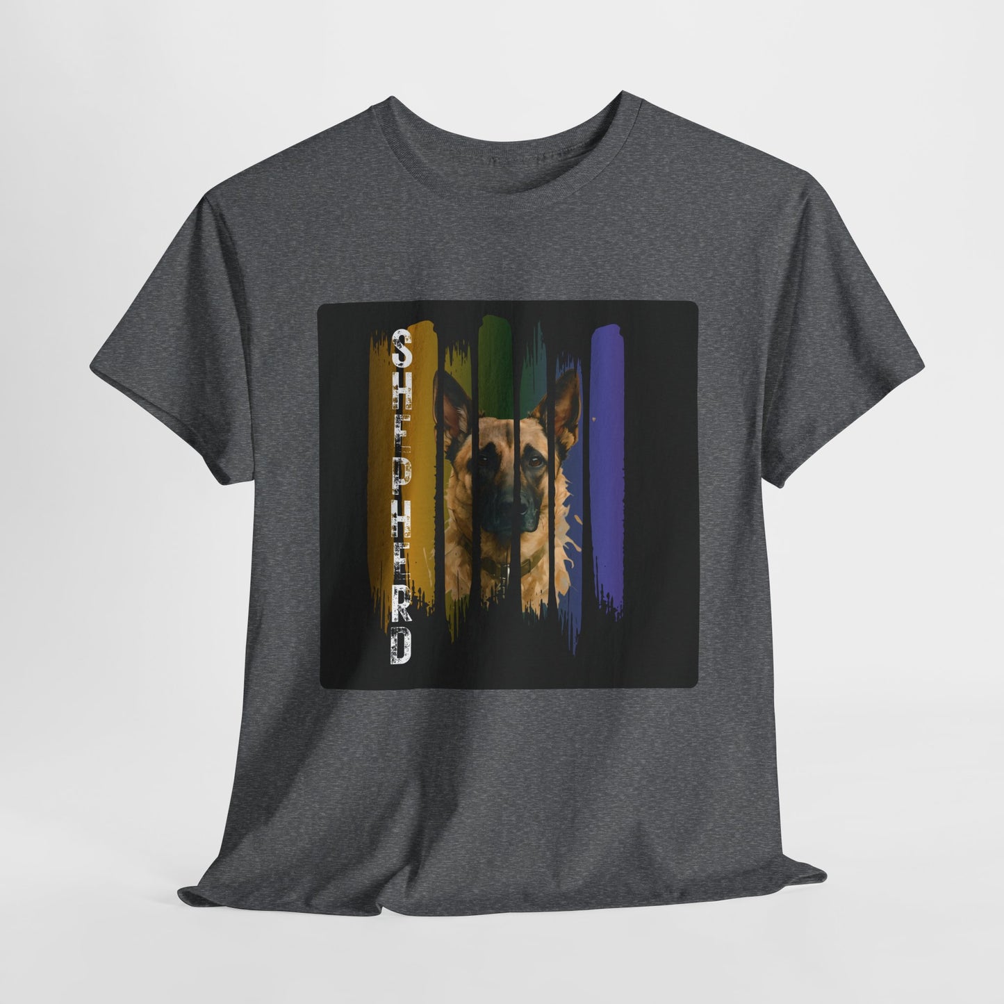 Gray t-shirt with a graphic design of a bear and colorful bars on a white background