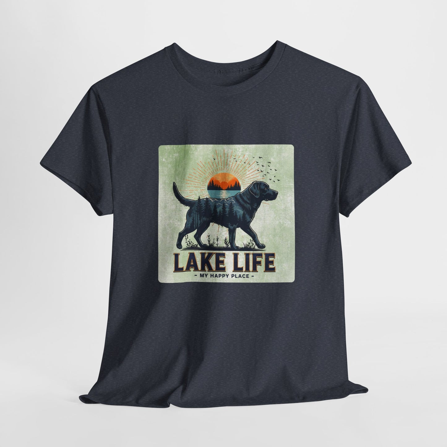 Black t-shirt with a graphic of a dog and 'Lake Life My Happy Place' text on a light gray background