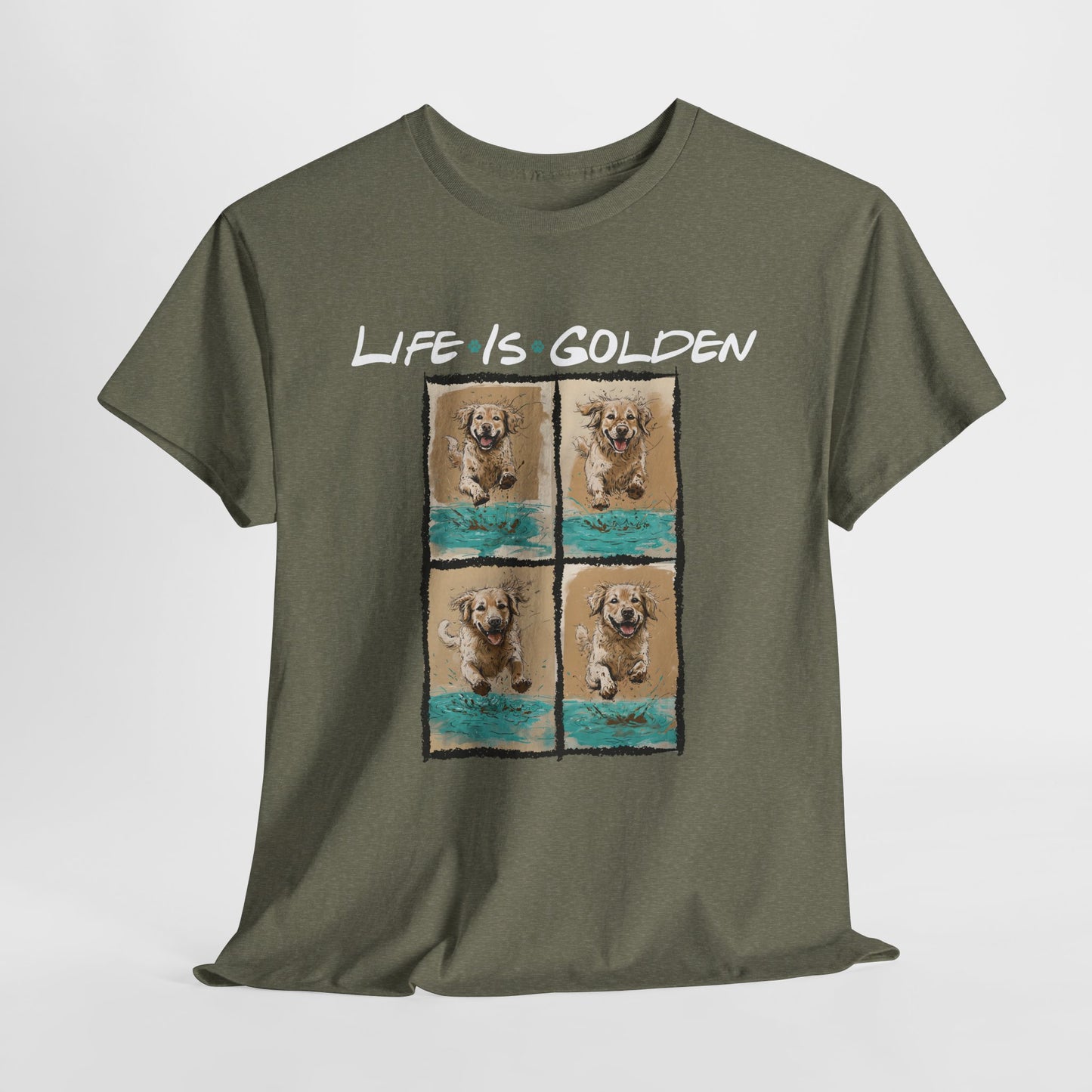 Green t-shirt with 'Life is Golden' text and dog graphics on a white background