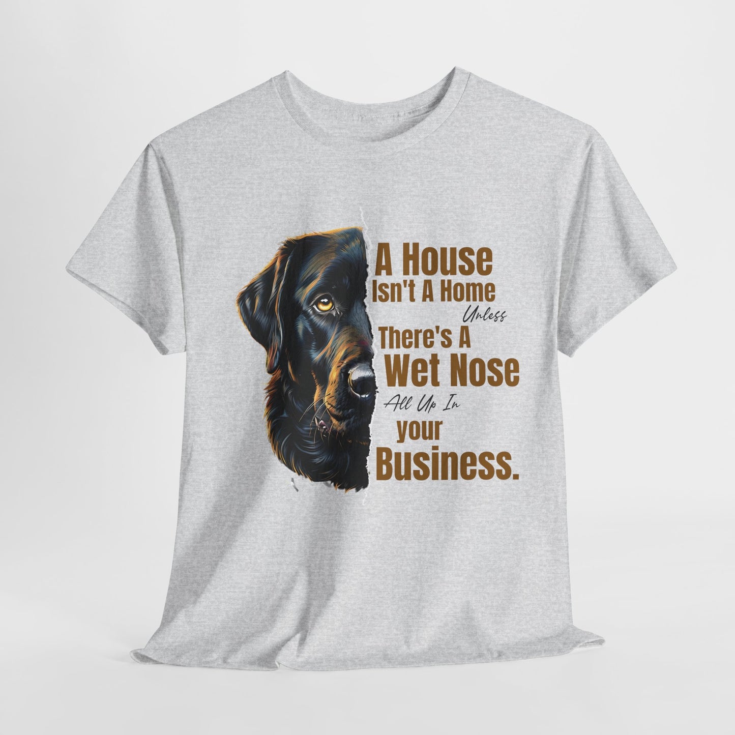 Gray t-shirt with a dog graphic and humorous text on a white background