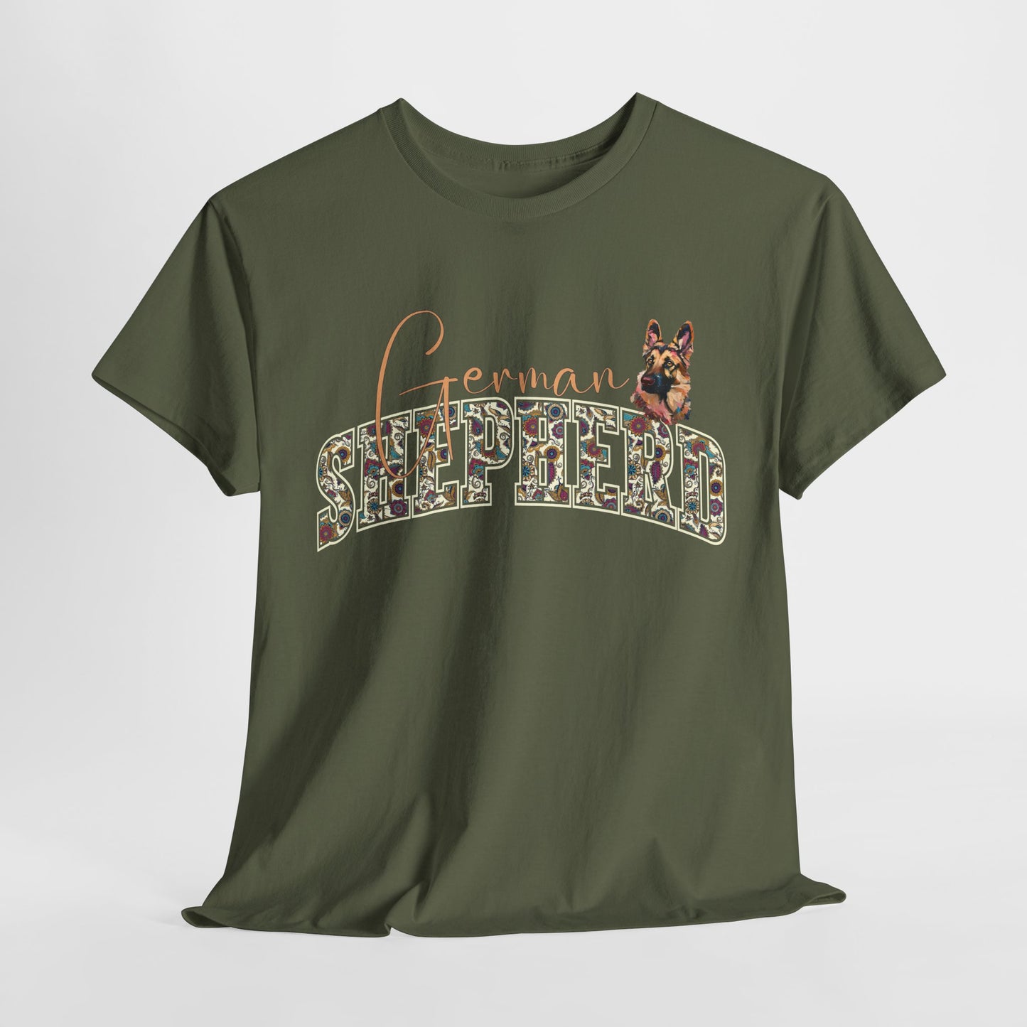 Green t-shirt with 'German Shepherd' text and dog illustration on a white background