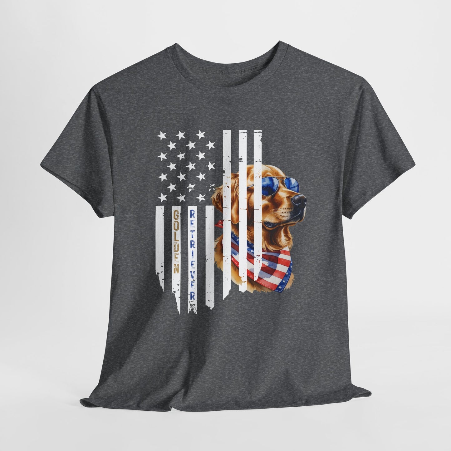 Gray t-shirt with a dog wearing sunglasses and an American flag design on a gray background
