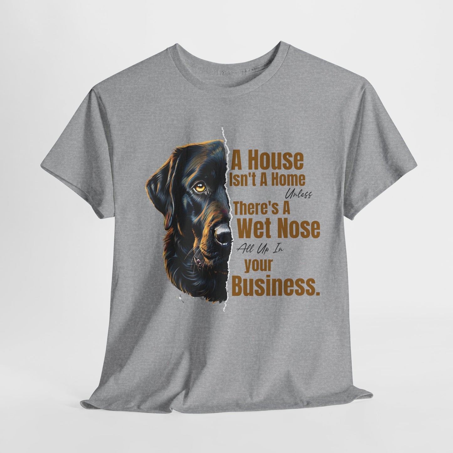 Gray t-shirt with a dog graphic and text on a white background