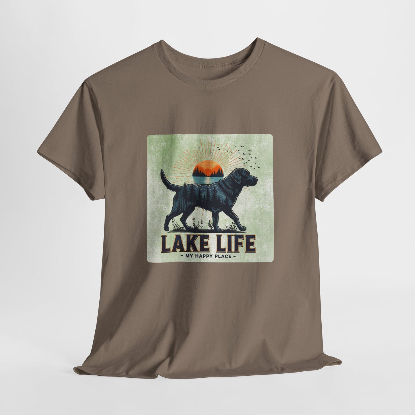 Brown t-shirt with a graphic of a dog and 'Lake Life My Happy Place' text on a light gray background