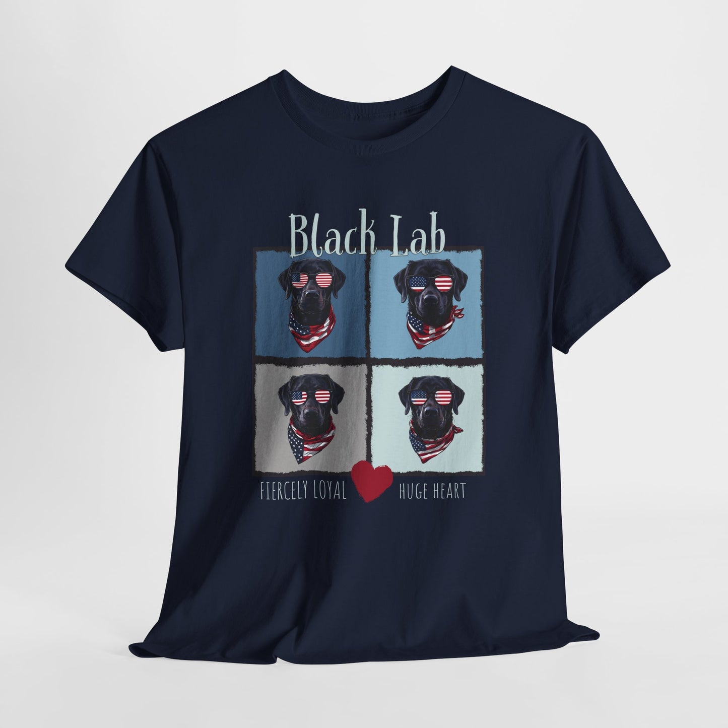 Navy blue t-shirt with black labrador retriever design and text on a light gray background