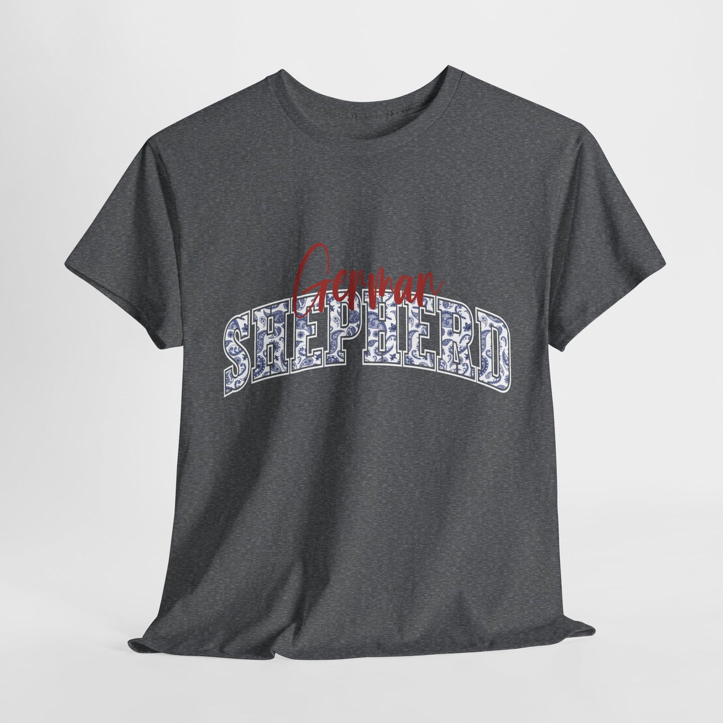 German Shepherd Tshirt with varsity and script lettering in graphite heather