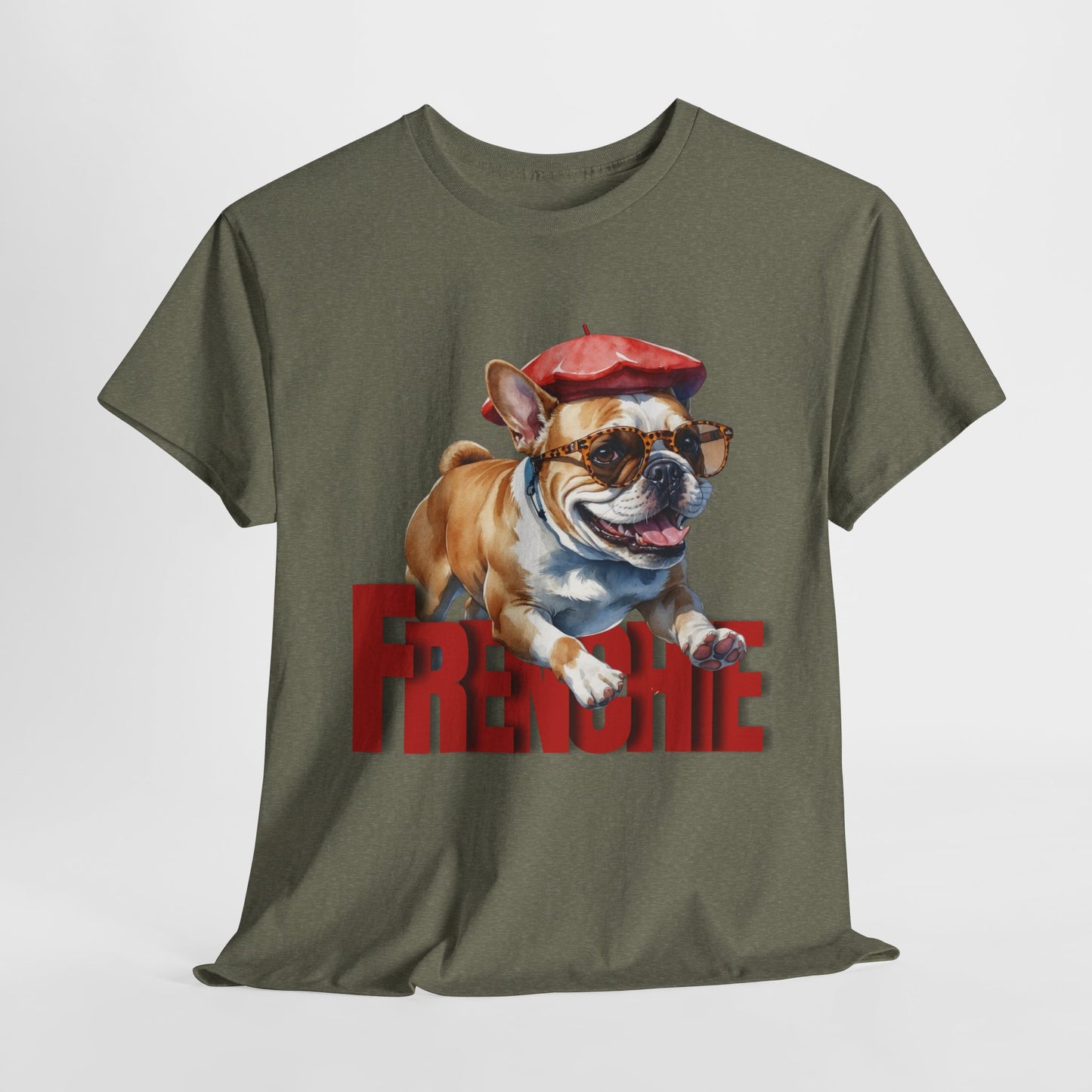 Green t-shirt with a bulldog graphic wearing a red beret and sunglasses, and the word 'Freddie' printed below.