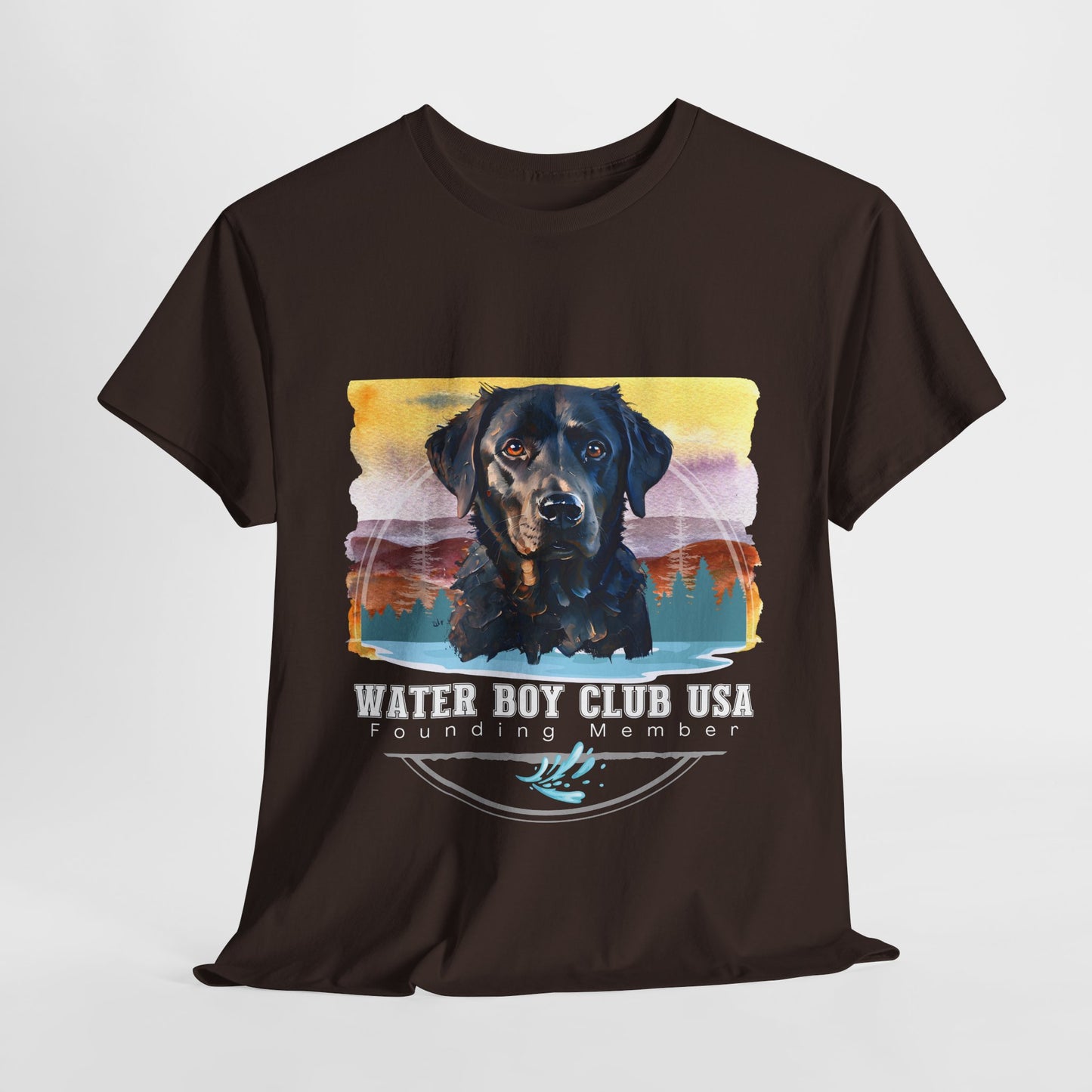 Black t-shirt with a dog graphic and 'Water Boy Club USA' text on a white background