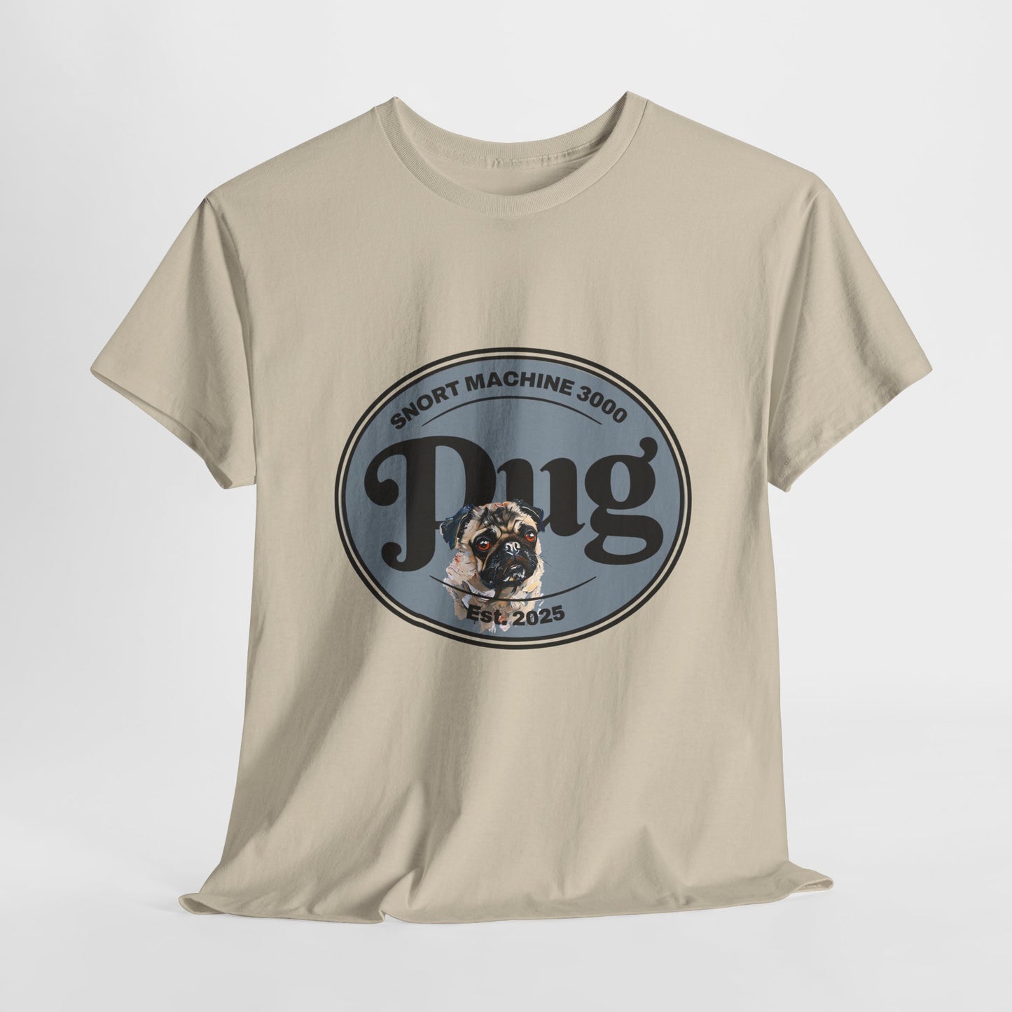 Beige t-shirt with a graphic design featuring a dog and text on a white background