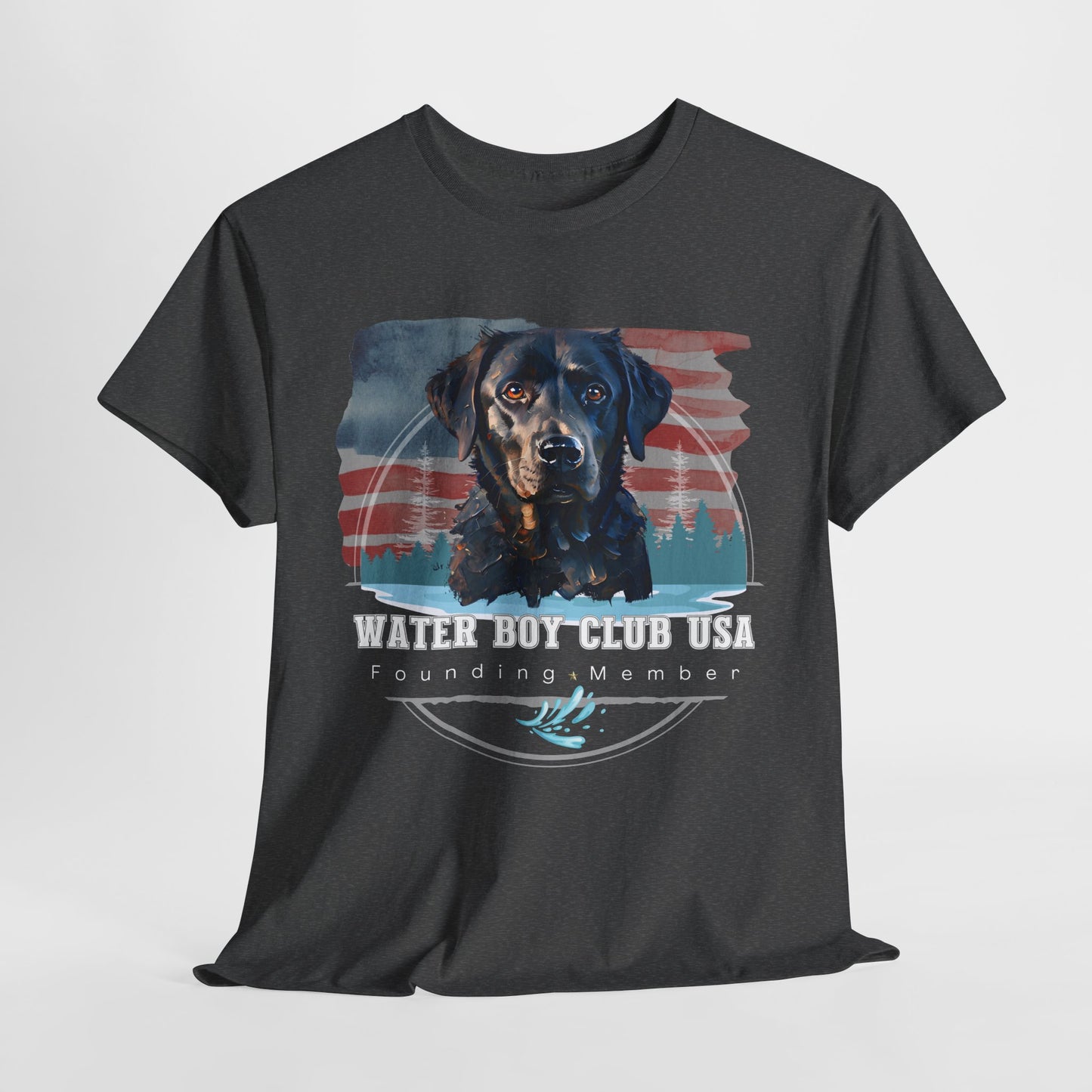 Black t-shirt with a dog graphic and 'Water Boy Club USA' text on a gray background