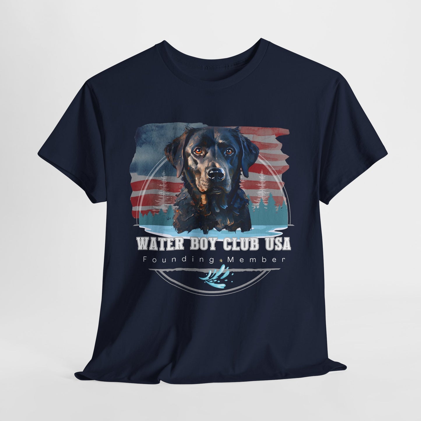 Navy blue t-shirt with a dog graphic and 'Water Boy Club USA' text on a light gray background