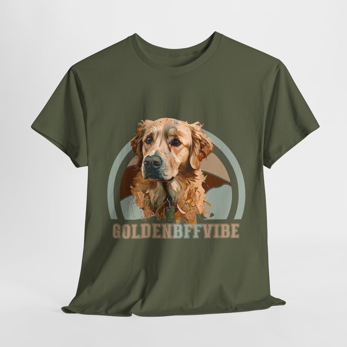 Green t-shirt with a dog graphic and 'GOLDENBFFVIBE' text on a white background