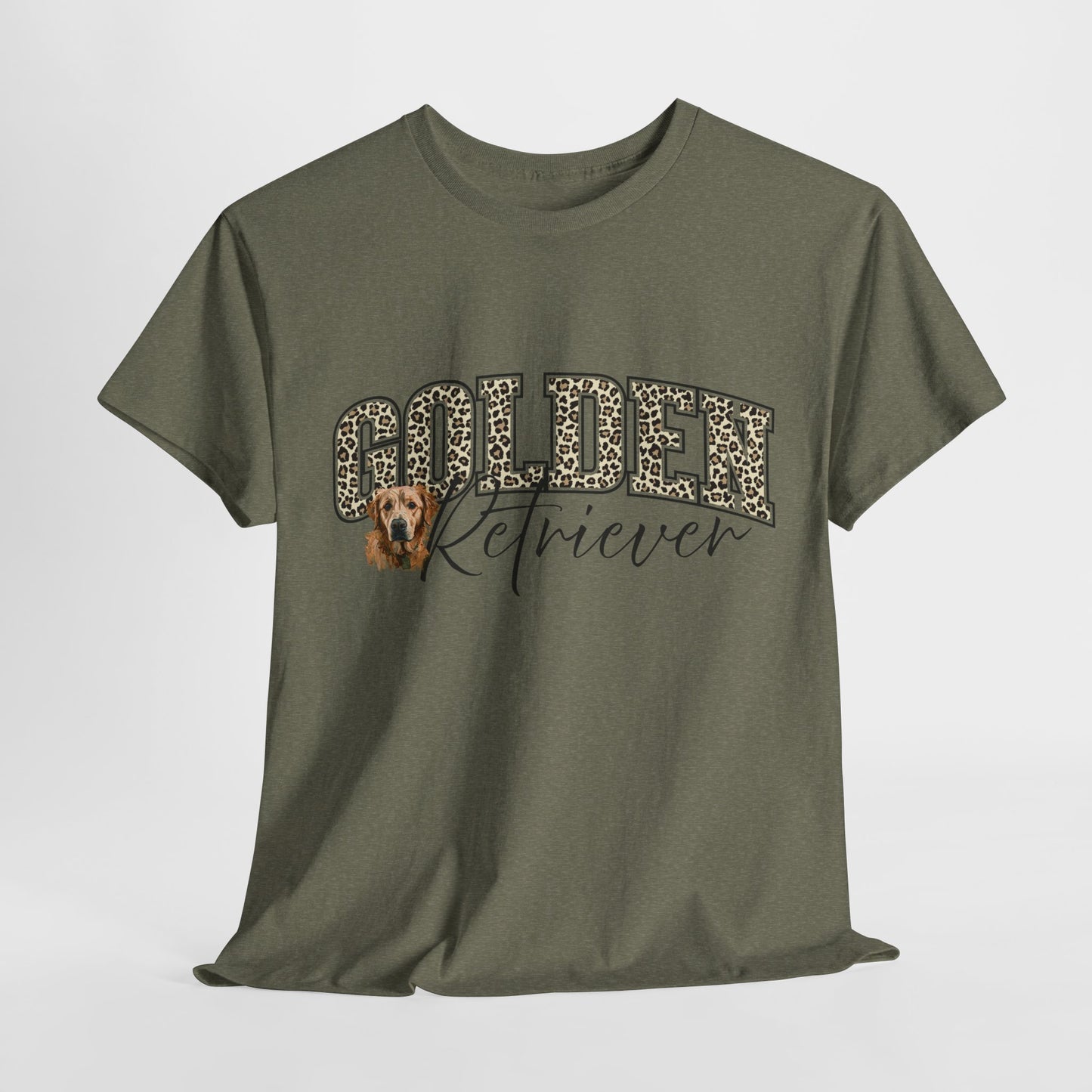 Green t-shirt with 'Golden Retriever' text and dog graphic on a white background