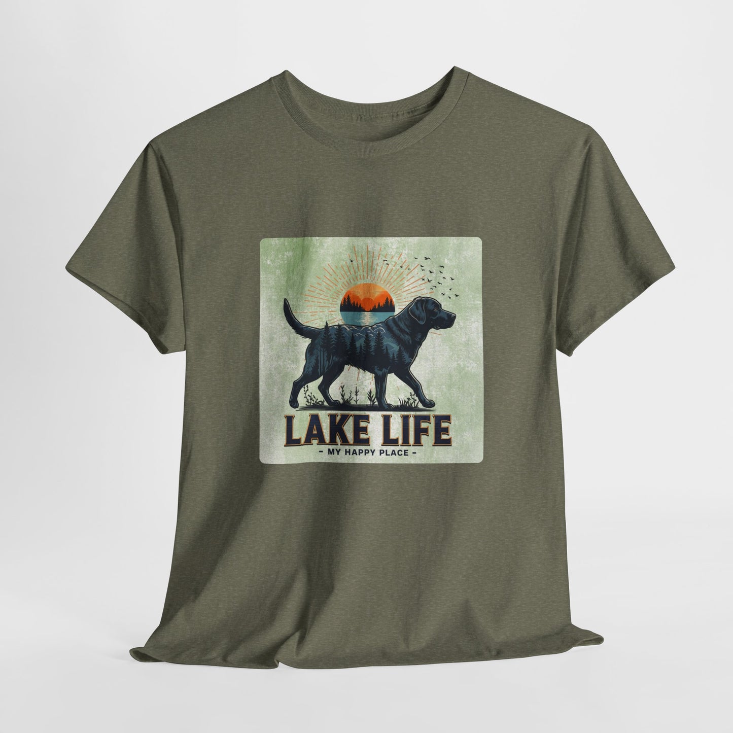 Green t-shirt with a graphic of a dog and 'Lake Life My Happy Place' text on a light gray background