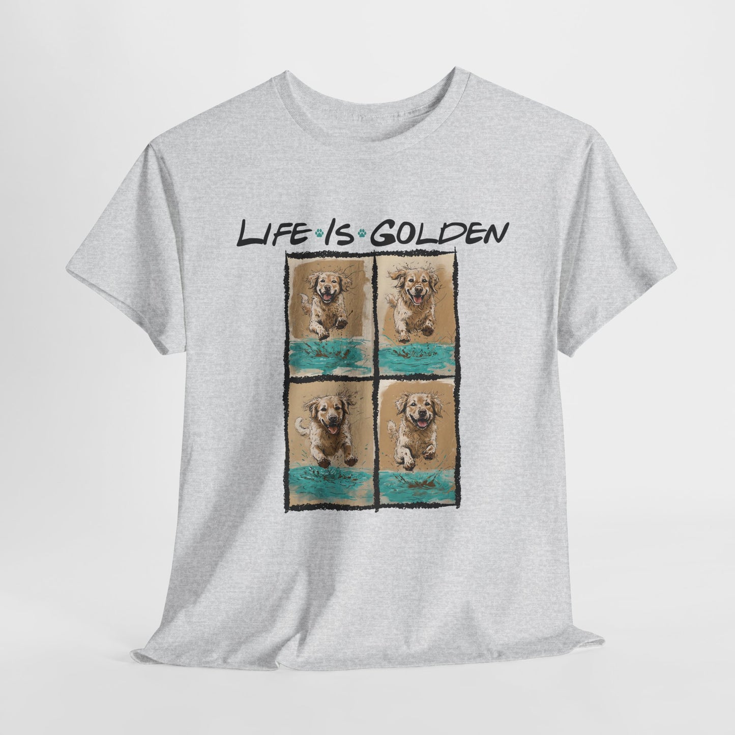 Gray t-shirt with 'Life is Golden' graphic featuring a dog on a light gray background