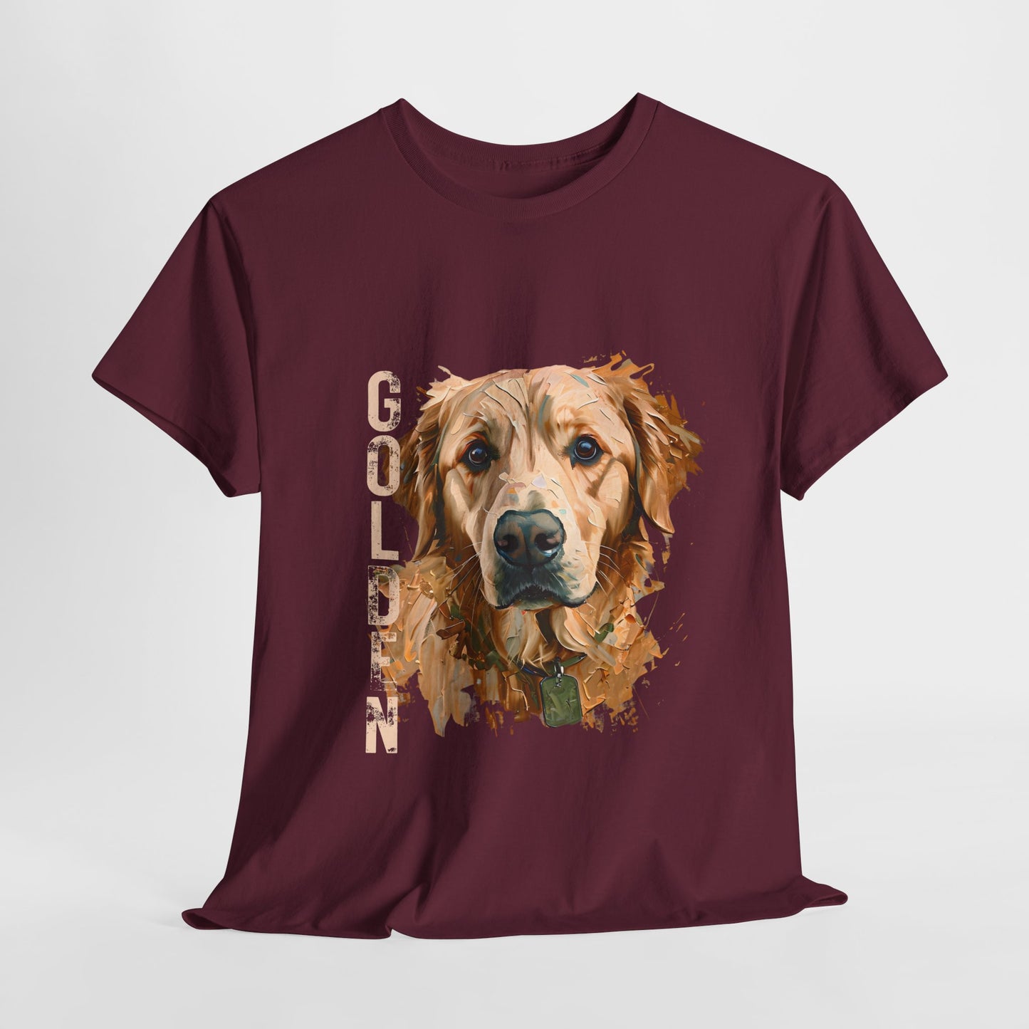 Maroon t-shirt with a golden retriever graphic and 'GOLDEN' text on a white background