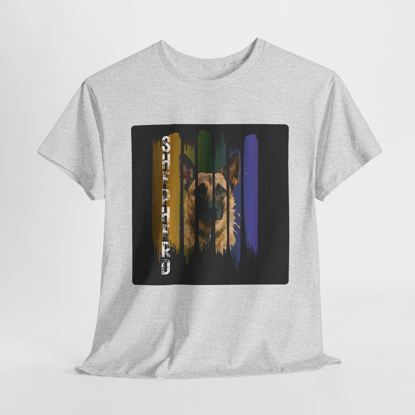 Gray t-shirt with a graphic design of a bear and colorful stripes on a white background
