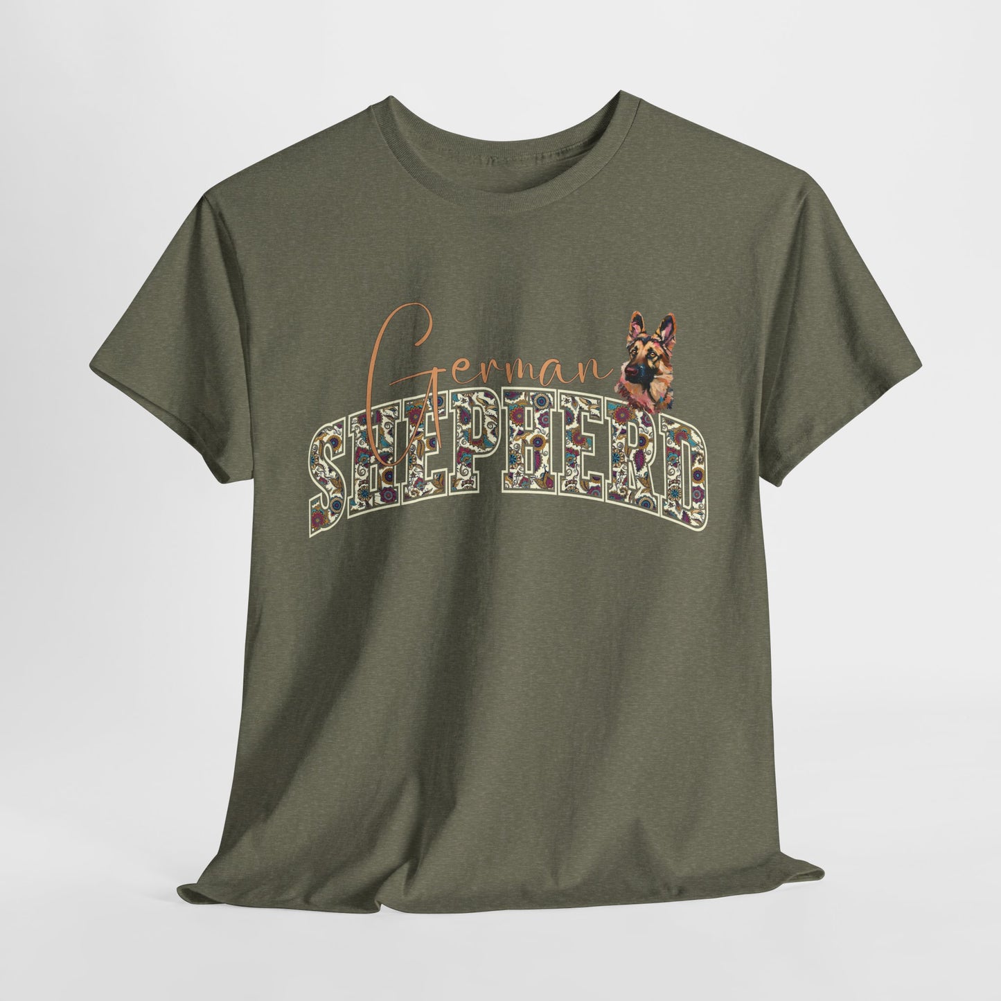 Green t-shirt with 'German Shepherd' text and dog illustration on a white background