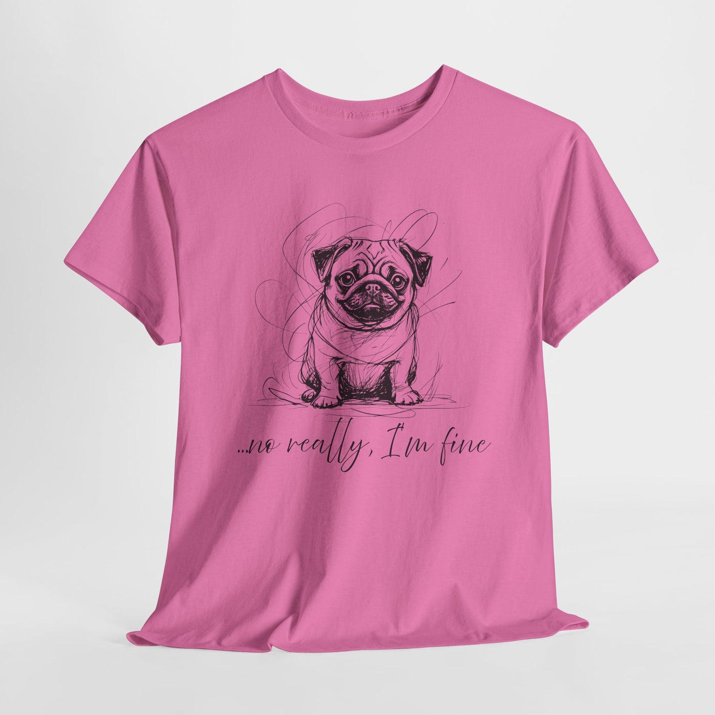 Pink t-shirt with a pug graphic and text on a white background